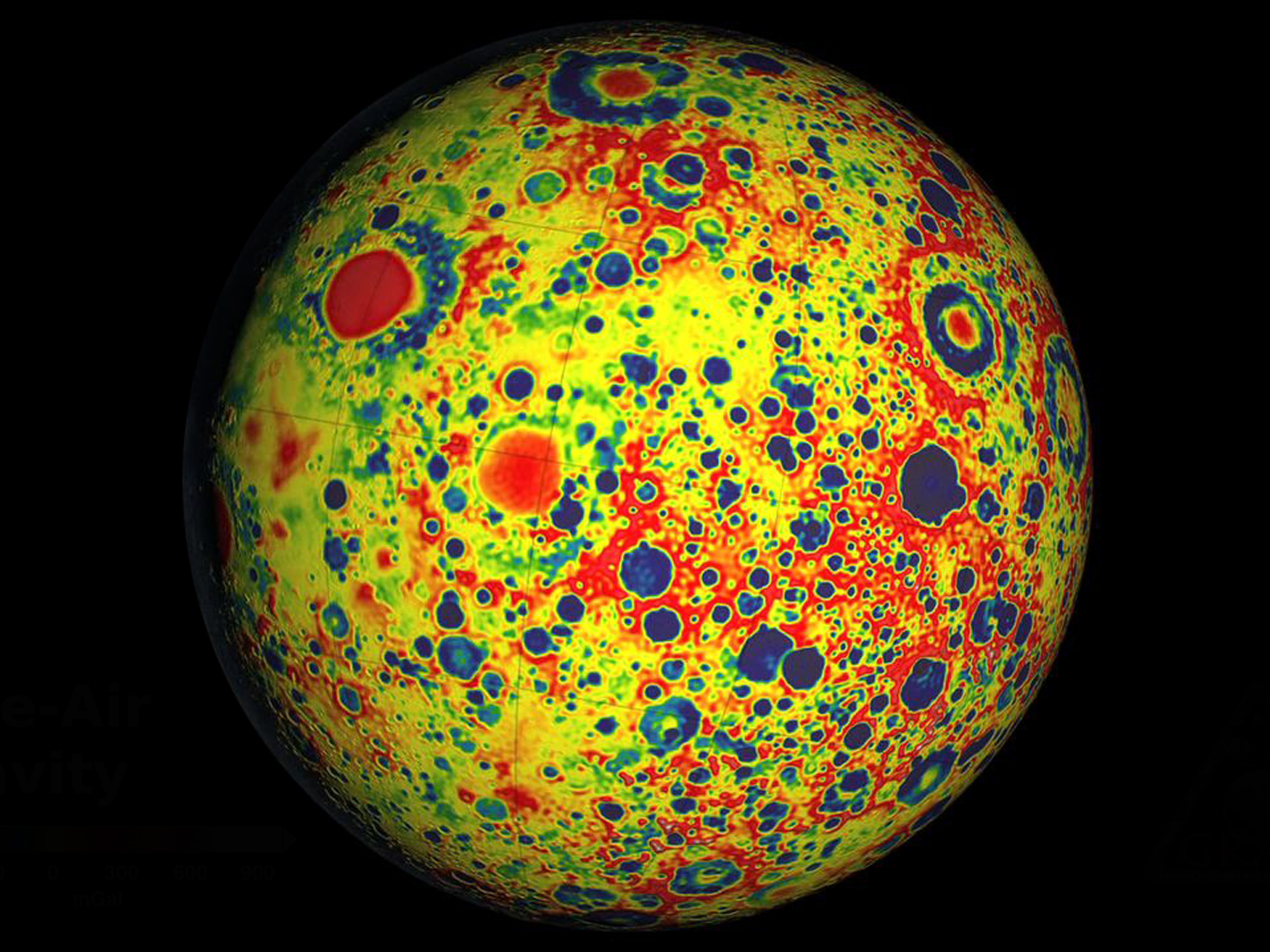 This image shows the variations in the lunar gravity field as measured by NASA’s Gravity Recovery and Interior Laboratory (GRAIL) during the primary mapping mission from March to May 2012. Very precise microwave measurements between two spacecraft, named Ebb and Flow, were used to map gravity with high precision and high spatial resolution. The field shown resolves blocks on the surface of about 12 miles (20 kilometers) and measurements are three to five orders of magnitude improved over previous data. Red corresponds to mass excesses and blue corresponds to mass deficiencies. The map shows more small-scale detail on the far side of the moon compared to the nearside because the far side has many more small craters. Image credit: NASA/JPL-Caltech/MIT/GSFC