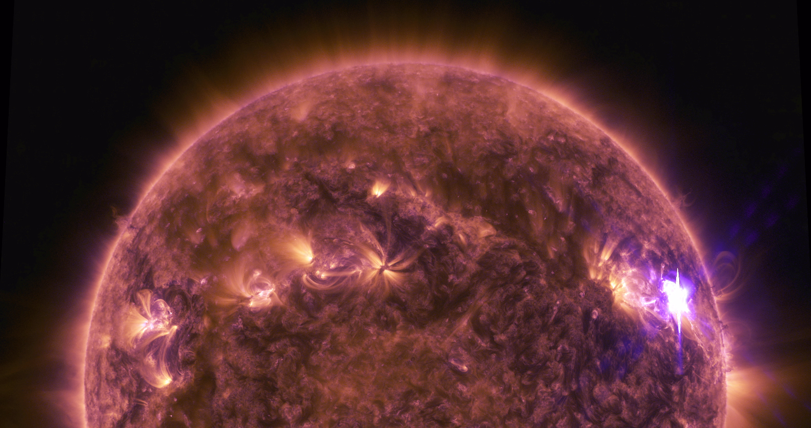 On April 17, 2016, an active region on the sun’s right side released a mid-level solar flare, which can be seen in this image as a bright point of light. Credits: NASA's Goddard Space Flight Center/SDO/Genna Duberstein