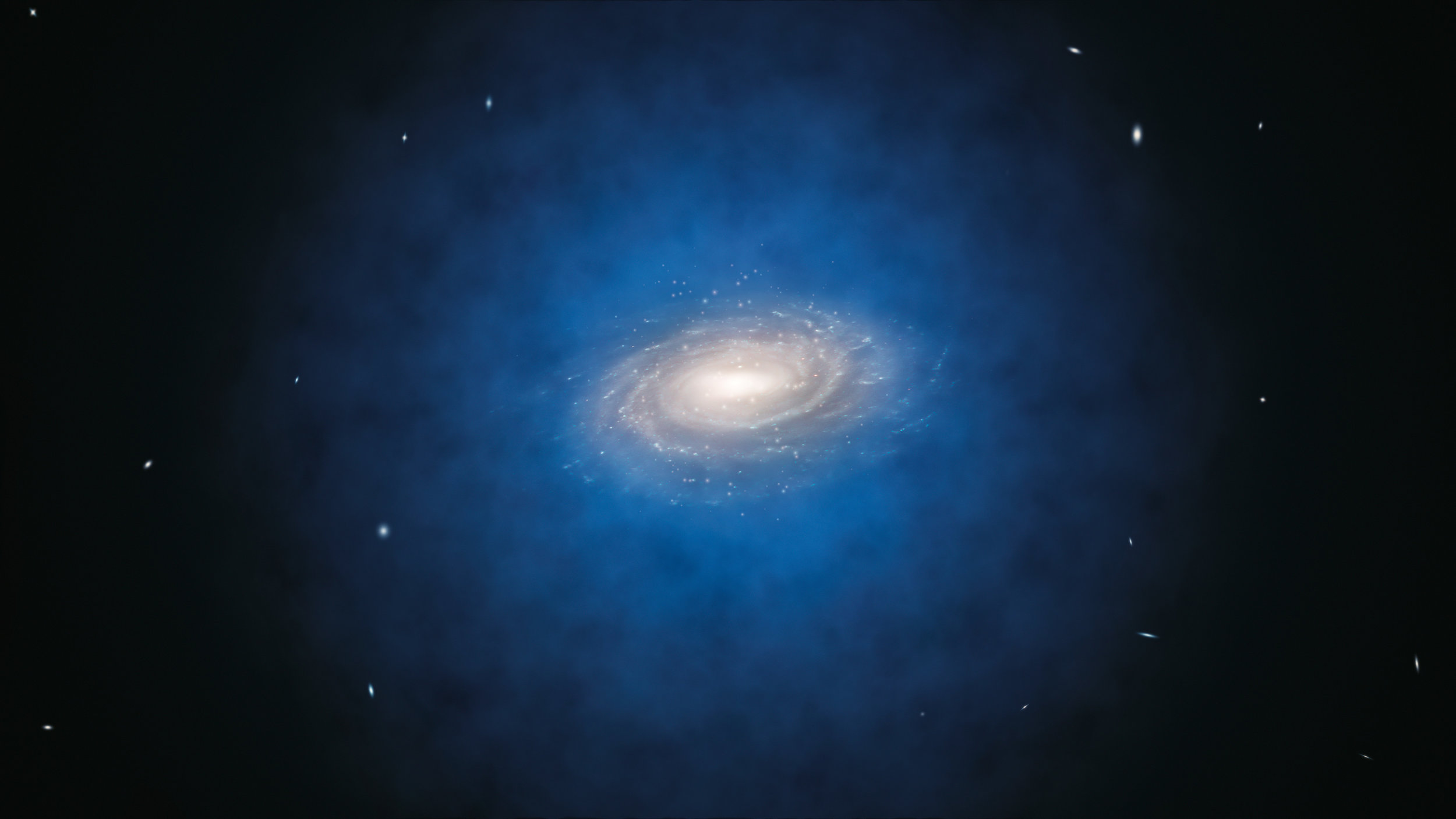 This artist’s impression shows the Milky Way galaxy. The blue halo of material surrounding the galaxy indicates the expected distribution of the mysterious dark matter, which was first introduced by astronomers to explain the rotation properties of the galaxy and is now also an essential ingredient in current theories of the formation and evolution of galaxies. New measurements show that the amount of dark matter in a large region around the Sun is far smaller than predicted and have indicated that there is no significant dark matter at all in our neighbourhood. Image credit: ESO/L. Calçada