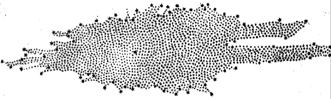 The shape of our Galaxy as deduced from star counts by William Herschel in 1785; the solar system was assumed near center. (NOTE: The image shown is flipped 180 degrees on the horizontal axis from the original, as first published in the Philosophical Transactions of the Royal Society in 1785; the bifurcated arms of the illustration should be on the left.)