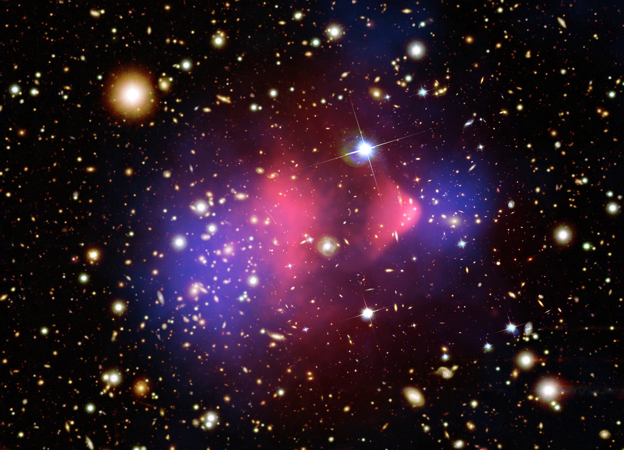 The Bullet Cluster. Dark purple indicates the location of the visible + dark matter mass. Red shows the X-ray emitting gas. Individual galaxies are seen in the optical image. Image credits: X-ray: NASA/CXC/CfA/ M.Markevitch et al.; Lensing Map: NASA/STScI; ESO WFI; Magellan/U.Arizona/ D.Clowe et al., Optical: NASA/STScI; Magellan/U.Arizona/D.Clowe et al