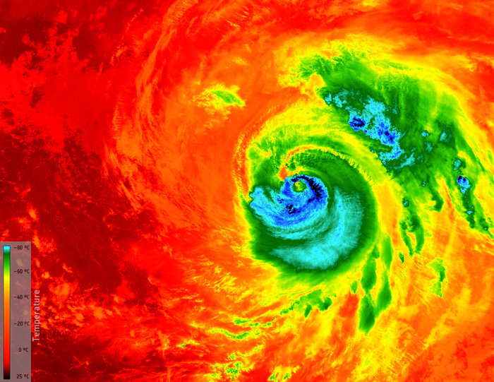This image from Copernicus Sentinel-3A shows the temperature at the top of Hurricane Matthew at 03:13 GMT (05:13 CEST) today, as it approached Florida in the USA. The temperature of the clouds at the top of the storm, about 12 km from the ocean surface, range from about –80°C just outside the eye of the storm to about 25°C at sea level in the Gulf of Mexico, where it is relatively calm. This monster 400 km-wide hurricane was about 200 km northwest of Miami Beach when the image was taken. Sentinel-3’s sea and land surface temperature radiometer measures energy radiating from Earth’s surface in nine spectral bands. This is a thermal infrared image at a resolution of 1 km. Image credit; contains modified Copernicus Sentinel data (2016), processed by ESA