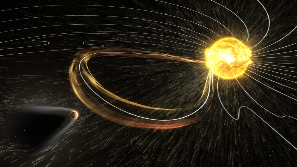 A solar storm approaches Mars (artist's concept). The Red Planet is thought to have lost much of its atmosphere to such extreme space weather. Credit: NASA/GSFC