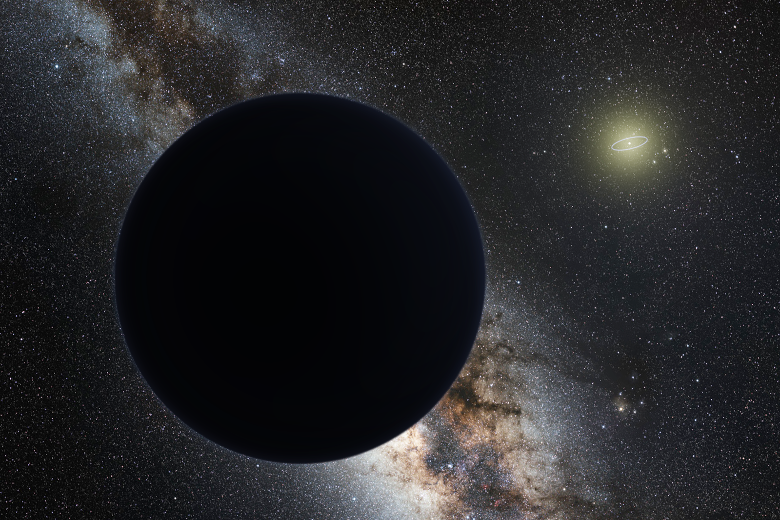 Artist's impression of Planet Nine as an ice giant eclipsing the central Milky Way, with a star-like Sun in the distance. Neptune's orbit is shown as a small ellipse around the Sun. The sky view and appearance are based on the conjectures of one of its co-proposers, Mike Brown. Image credit: Wikimedia users Tomruen, nagualdesign, image use CC A-SA 4.0 International.