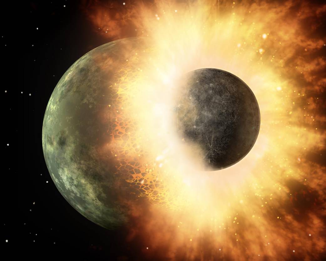 This artist's concept shows a celestial body about the size of our moon slamming at great speed into a body the size of Mercury. NASA's Spitzer Space Telescope found evidence that a high-speed collision of this sort occurred a few thousand years ago around a young star, called HD 172555, still in the early stages of planet formation. The star is about 100 light-years from Earth. Image Credit: NASA/JPL-Caltech