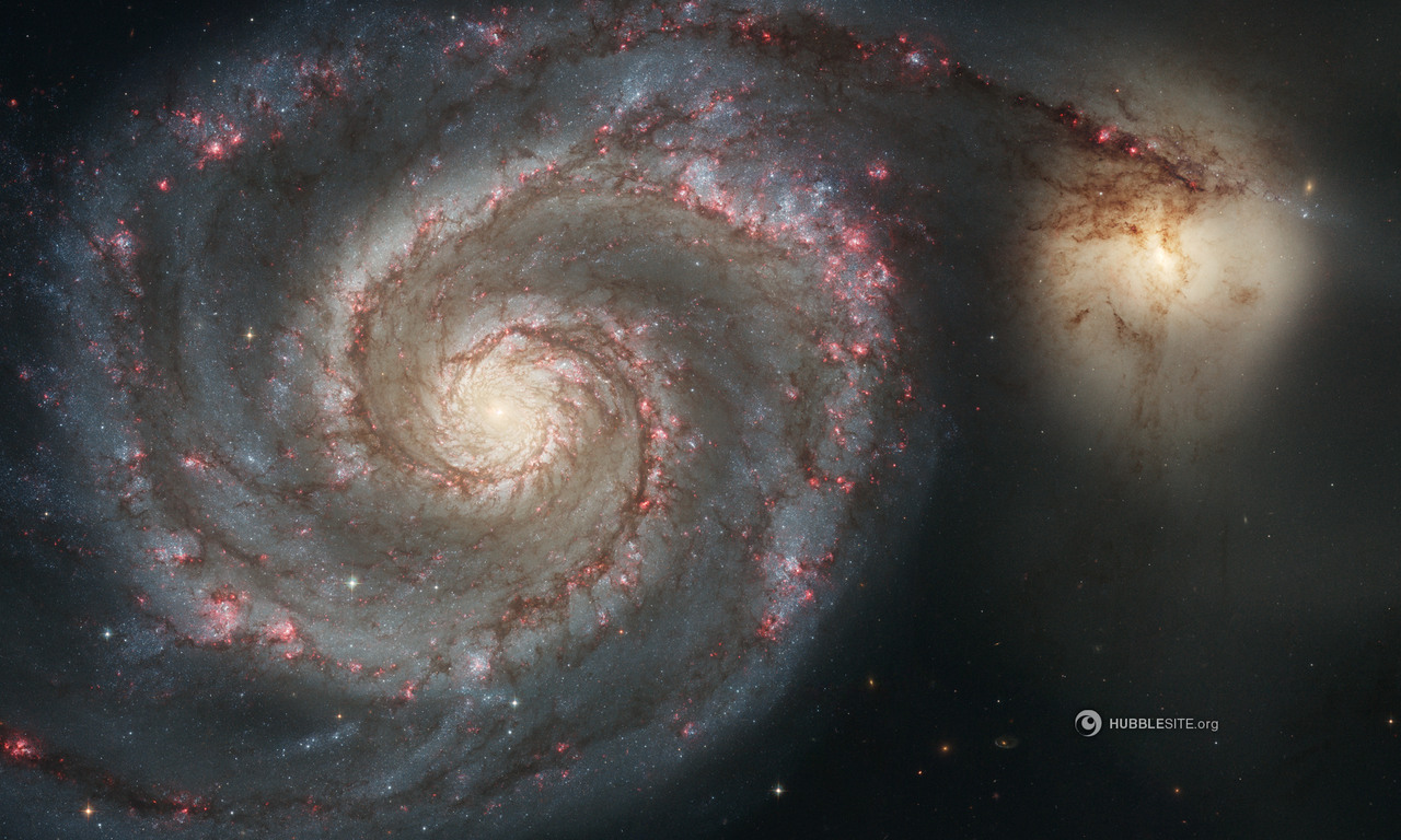 The large Whirlpool Galaxy (left) is known for its sharply defined spiral arms. Their prominence could be the result of the Whirlpool's gravitational tug-of-war with its smaller companion galaxy (right). Image Credit: NASA, ESA, S. Beckwith (STScI), and The Hubble Heritage Team (STScI/AURA)