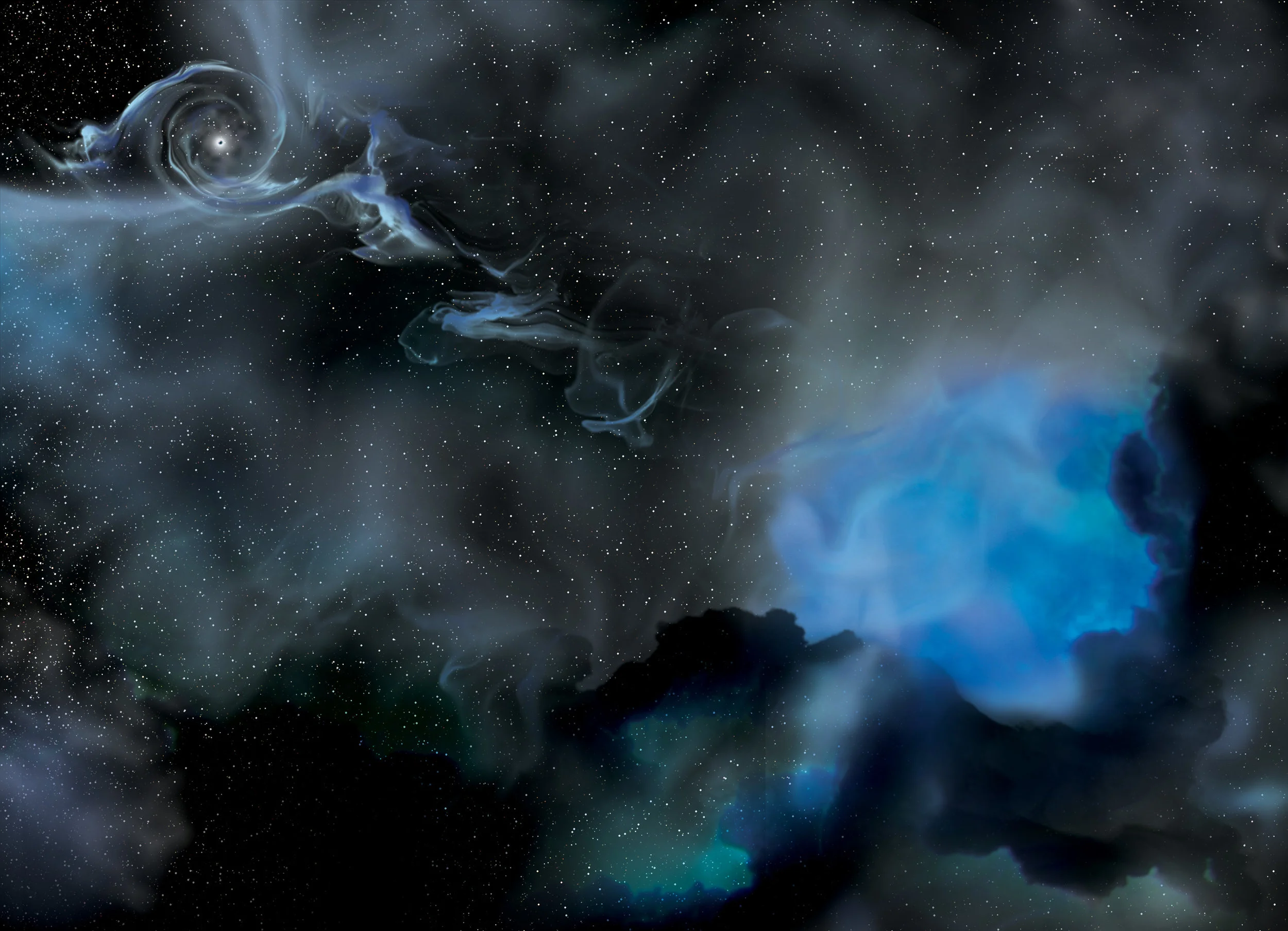 In this artist’s portrayal of the IC 10 X-1 system, the black hole lies at the upper left and its companion star is on the right. The two objects orbit around a center of gravity once every 34.4 hours. The stellar companion is a type known as a Wolf-Rayet star. Such stars are highly evolved and destined to explode as supernovae. The black hole companion is shedding its outer envelope in a powerful wind, and some of this gas is captured by the black hole’s powerful gravity. redit: Aurore Simonnet/Sonoma State University/NASA.