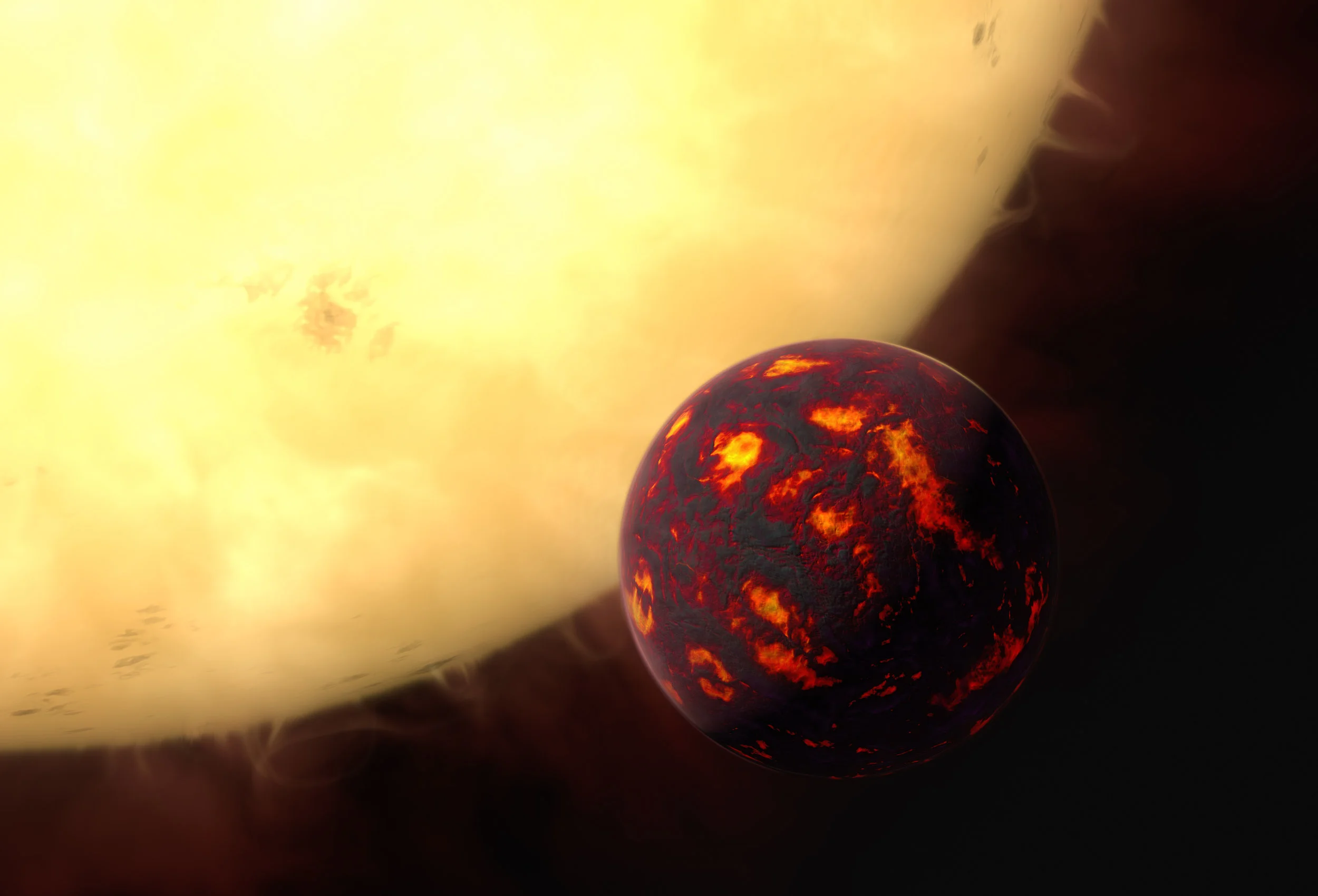 This artist’s impression shows the super-Earth 55 Cancri e in front of its parent star. Using observations made with the NASA/ESA Hubble Space Telescope and new analytic software scientists were able to analyse the composition of its atmosphere. It was the first time this was possible for a super-Earth. 55 Cancri e is about 40 light-years away and orbits a star slightly smaller, cooler and less bright than our Sun. As the planet is so close to its parent star, one year lasts only 18 hours and temperatures on the surface are thought to reach around 2000 degrees Celsius. Image credit: ESA/Hubble, M. Kornmesser