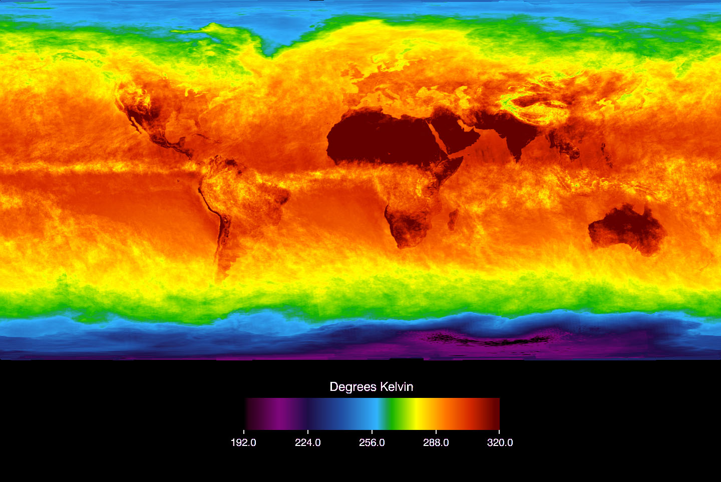 The Atmospheric Infrared Sounder (AIRS) instrument aboard NASA’s Aqua satellite senses temperature using infrared wavelengths. This image shows temperature of the Earth’s surface or clouds covering it for the month of April 2003. The scale ranges from -81 degrees Celsius (-114° Fahrenheit) in black/blue to 47° C (116° F) in red. The Intertropical Convergence Zone, an equatorial region of persistent thunderstorms and high, cold clouds is depicted in yellow. Higher latitudes are increasingly obscured by clouds, though some features like the Great Lakes are apparent. Northernmost Europe and Eurasia are completely obscured by clouds, while Antarctica stands out cold and clear at the bottom of the image. Image courtesy AIRS Science Team, NASA/JPL