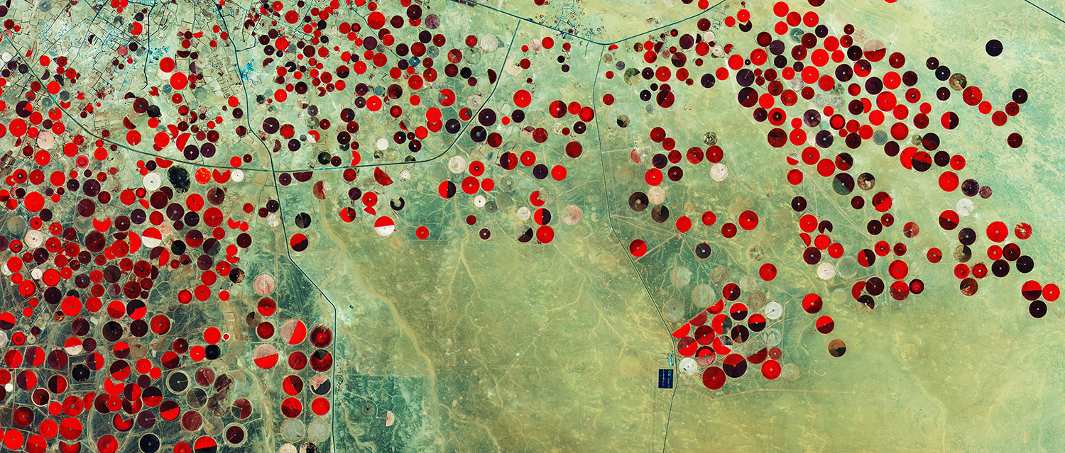 This image from Sentinel-2A shows how Saudi Arabia’s desert is being used for agriculture. The circles come from a central-pivot irrigation system, where the long water pipe rotates around a well at the centre. Image Credit: Copernicus Sentinel data (2015)/ESA