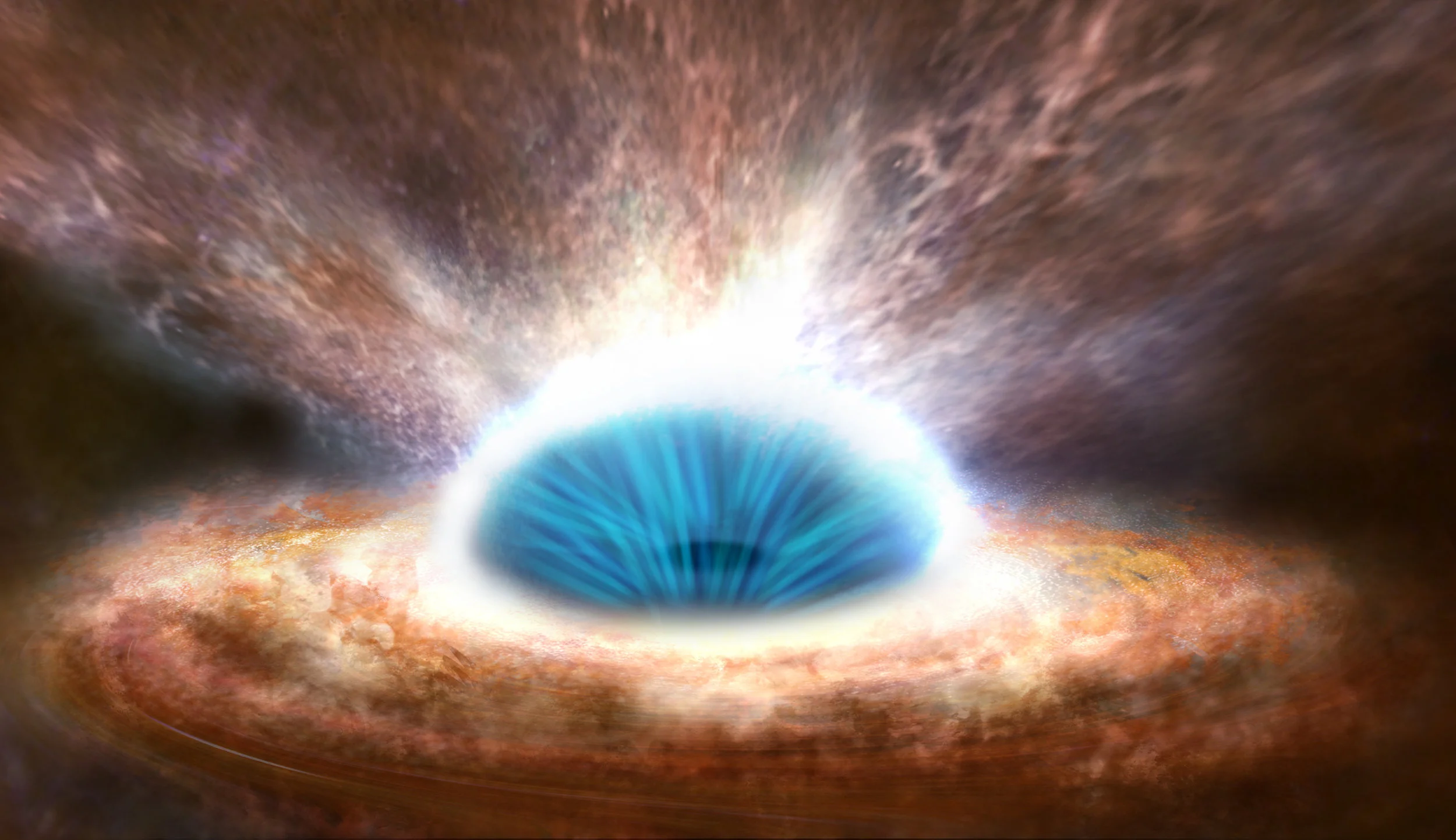 Some supermassive black holes at the centre of galaxies are devouring the surrounding material. They also divert part of it away through powerful winds and jets. This artist's impression shows how the black hole accretes the surrounding matter through a disc (orange). Part of the accreted material is pushed away in a wind (blue), which in turn powers a large-scale galactic outflow of molecular gas (red). Image credit: ESA/ATG medialab