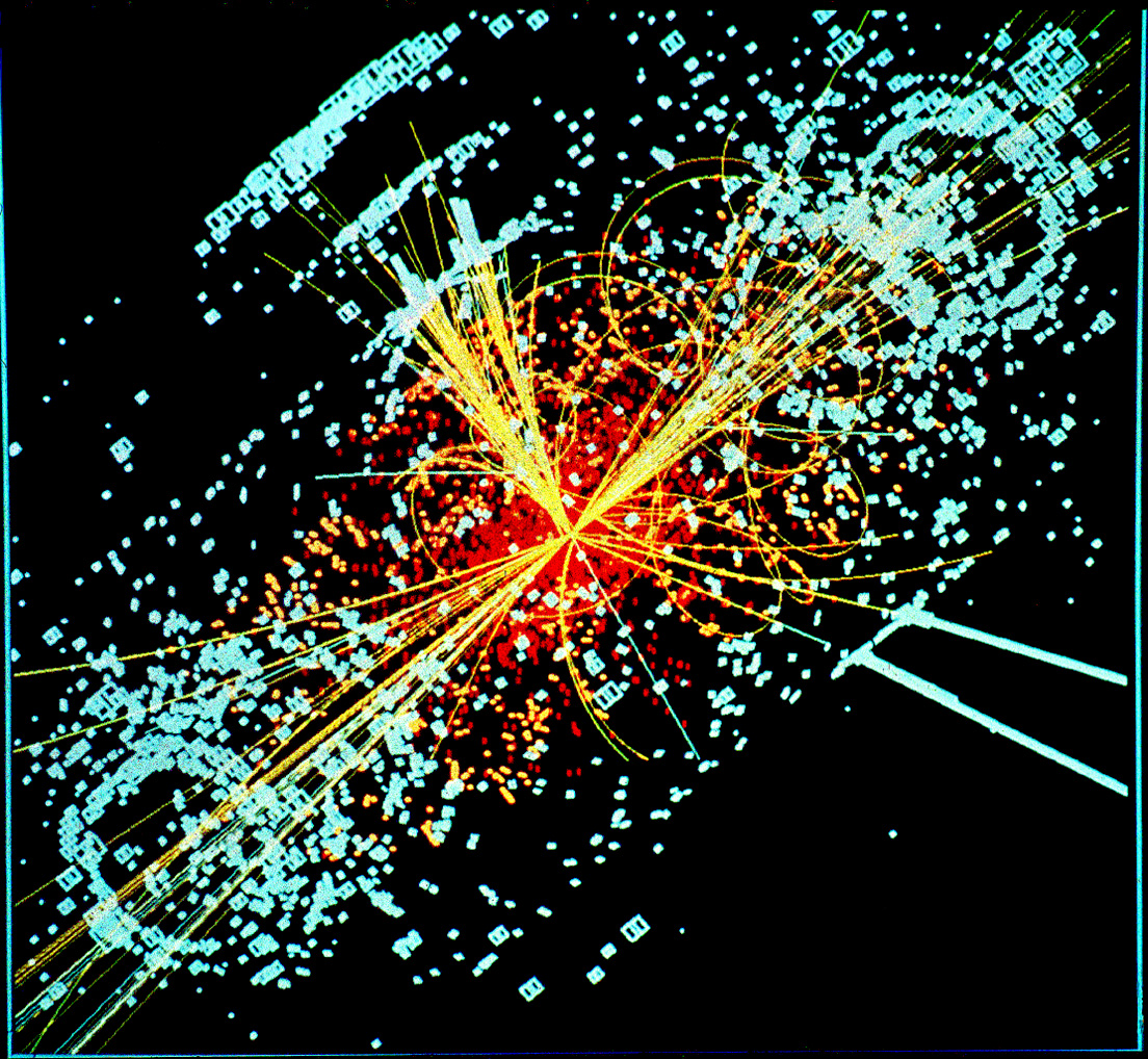 An example of simulated data modeled for the CMS particle detector on the Large Hadron Collider (LHC) at CERN. Here, following a collision of two protons, a Higgs boson is produced which decays into two jets of hadrons and two electrons. The lines represent the possible paths of particles produced by the proton-proton collision in the detector while the energy these particles deposit is shown in blue. Image credit: Lucas Taylor / CERN, CC A-SA 3.0