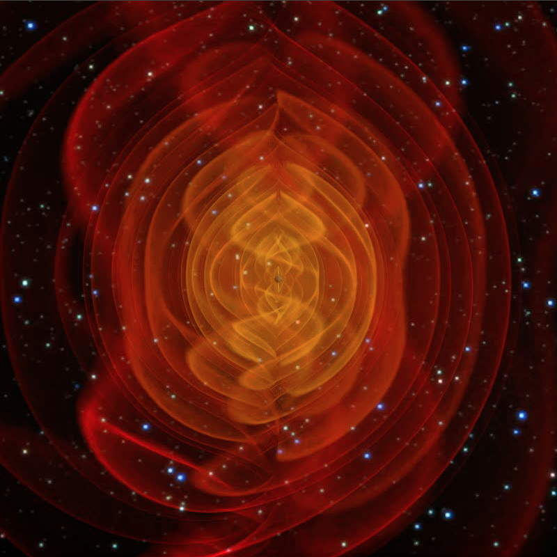Simulation of the merger of two black holes and the resulting emission of gravitational radiation. The colored fields represent a component of the curvature of space-time. The outer red sheets correspond directly to the outgoing gravitational radiation that one day may be detected by gravitational-wave observatories. The brighter yellow areas near the black holes do not correspond to physical structures but generally indicate where the strong non-linear gravitational-field interactions are in play. Image Credit: NASA/C. Henze