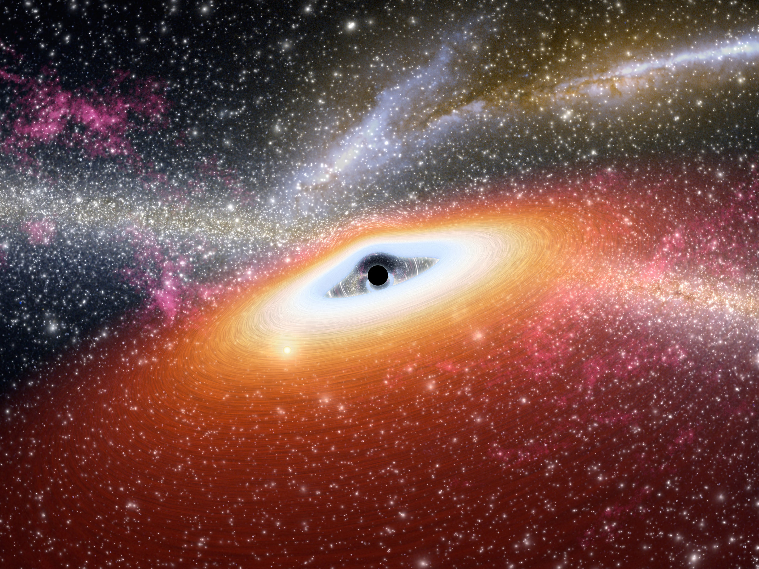 This artist's conception illustrates one of the most primitive supermassive black holes known (central black dot) at the core of a young, star-rich galaxy. Astronomers using NASA's Spitzer Space Telescope have uncovered two of these early objects, dating back to about 13 billion years ago. This illustration also shows how supermassive black holes can distort space and light around them (see warped stars behind black hole). Stars from the galaxy can be seen sprinkled throughout, and distant mergers between other galaxies are illustrated in the background. Image credit: NASA/JPL-Caltech