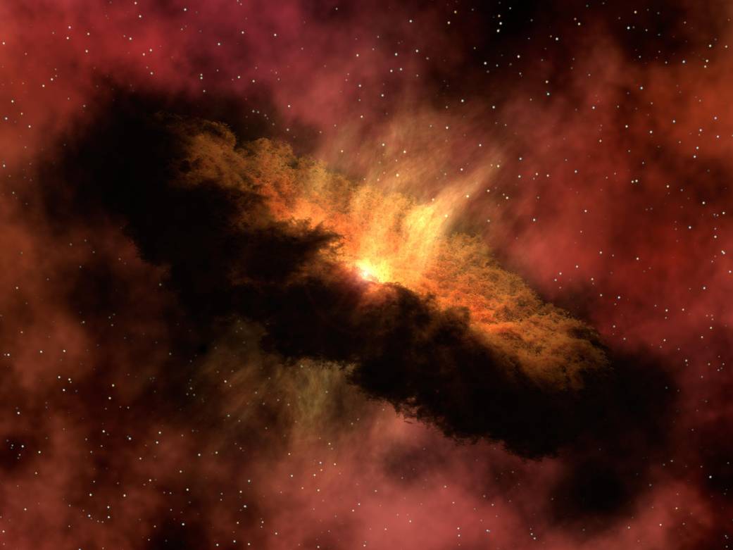 NASA's Spitzer Space Telescope observed a fledgling solar system, like the one depicted in this artist's concept, and discovered deep within it enough water vapor to fill the oceans on Earth five times. This water vapor starts out in the form of ice in a cloudy cocoon (not pictured) that surrounds the embryonic star, called NGC 1333-IRAS 4B (buried in center of image). Material from the cocoon, including ice, falls toward the center of the cloud. The ice then smacks down onto a dusty pre-planetary disk circling the stellar embryo (doughnut-shaped cloud) and vaporizes. Eventually, this water might make its way into developing planets. Image Credit: NASA/JPL-Caltech