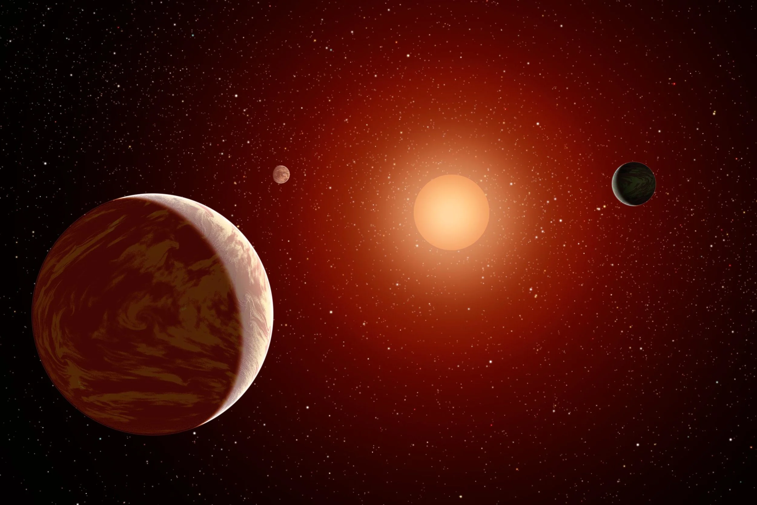 This artist's concept illustrates a young, red dwarf star surrounded by three planets. Such stars are dimmer and smaller than yellow stars like our sun, which makes them ideal targets for astronomers wishing to take images of planets outside our solar system, called exoplanets. NASA's Galaxy Evolution Explorer is helping to identify young, red dwarf stars that are close to us by detecting their ultraviolet light (stars give off a lot of ultraviolet light in their youth). Image Credit: NASA/JPL-Caltech