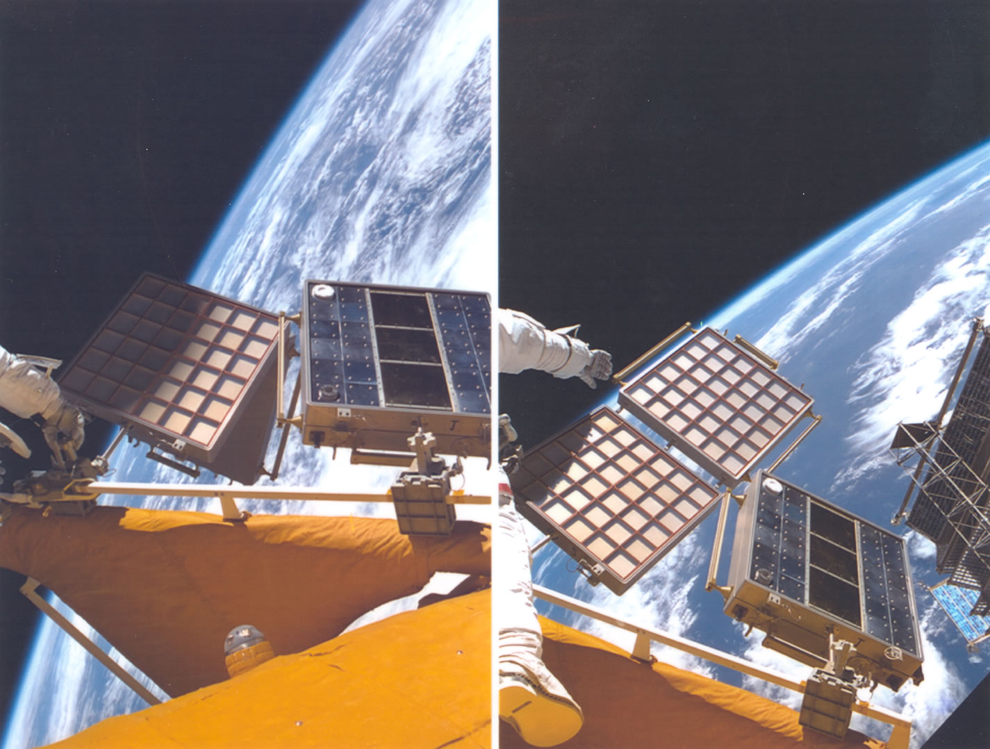 Mir Environmental Effects Payload (MEEP) Orbital Debris Collector (ODC) was exposed to the space environment for 18 months. The ODC utilized an aerogel capture medium. Aerogel is a very low density material that can slow small particles down from orbital velocities and capture them without destroying them. Image credit: NASA