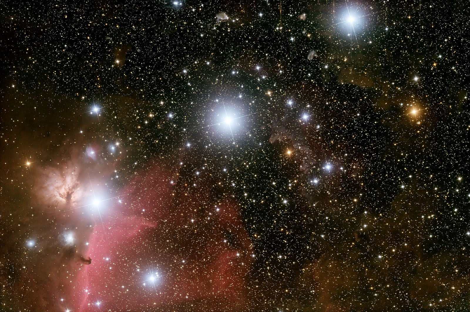Alnitak, Alnilam, and Mintaka, are the bright bluish stars from east to west (left to right) along the diagonal in this gorgeous cosmic vista. Otherwise known as the Belt of Orion, these three blue supergiant stars are hotter and much more massive than the Sun. They lie about 1,500 light-years away. Image credit; wikimedia user Astrowicht , CC BY SA 3.0