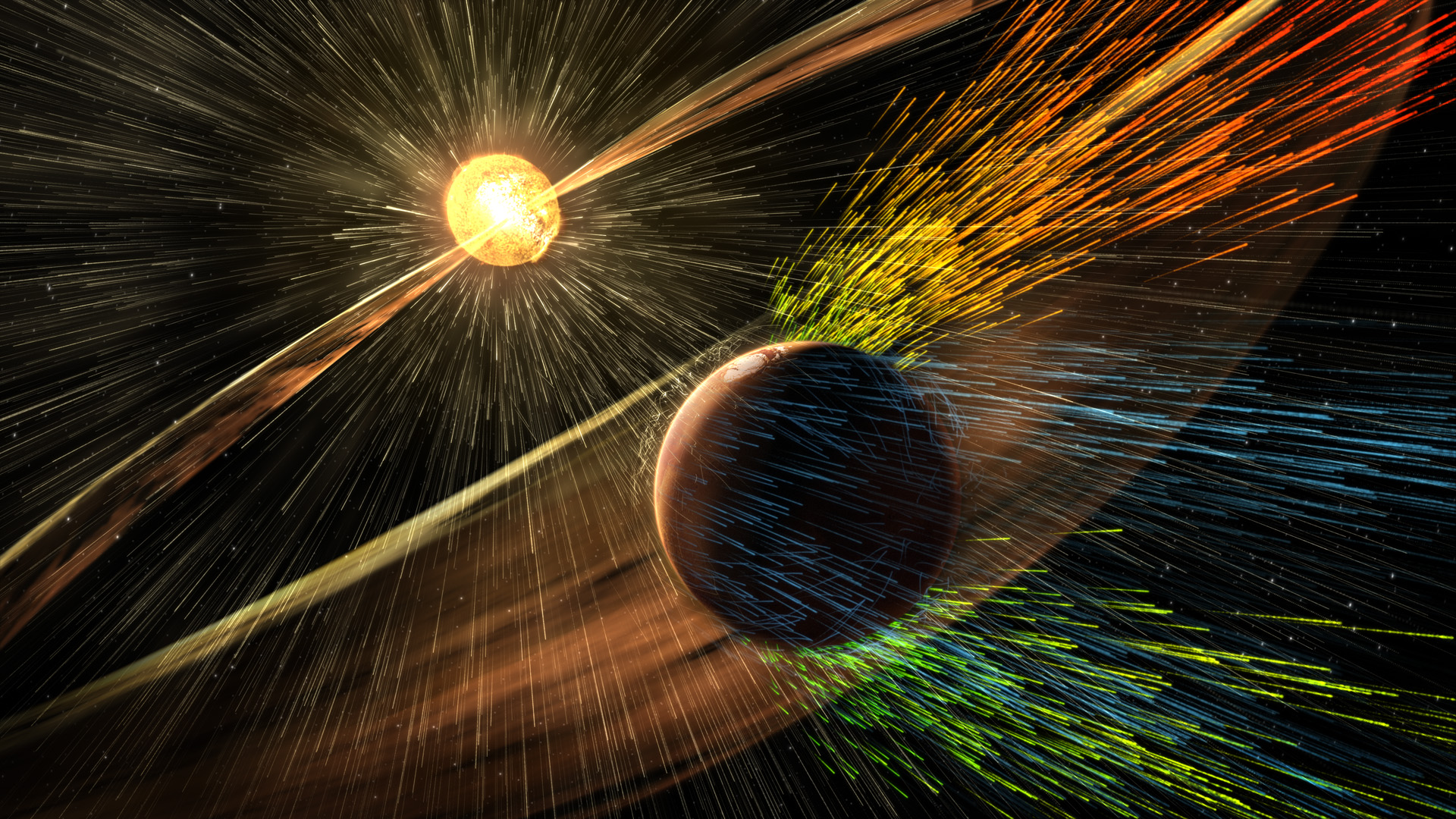 A NASA mission reveals how gases in Mars' upper atmosphere are stripped away by the sun's solar wind. Image credit: NASA's Scientific Visualization Studio and the MAVEN Science Team