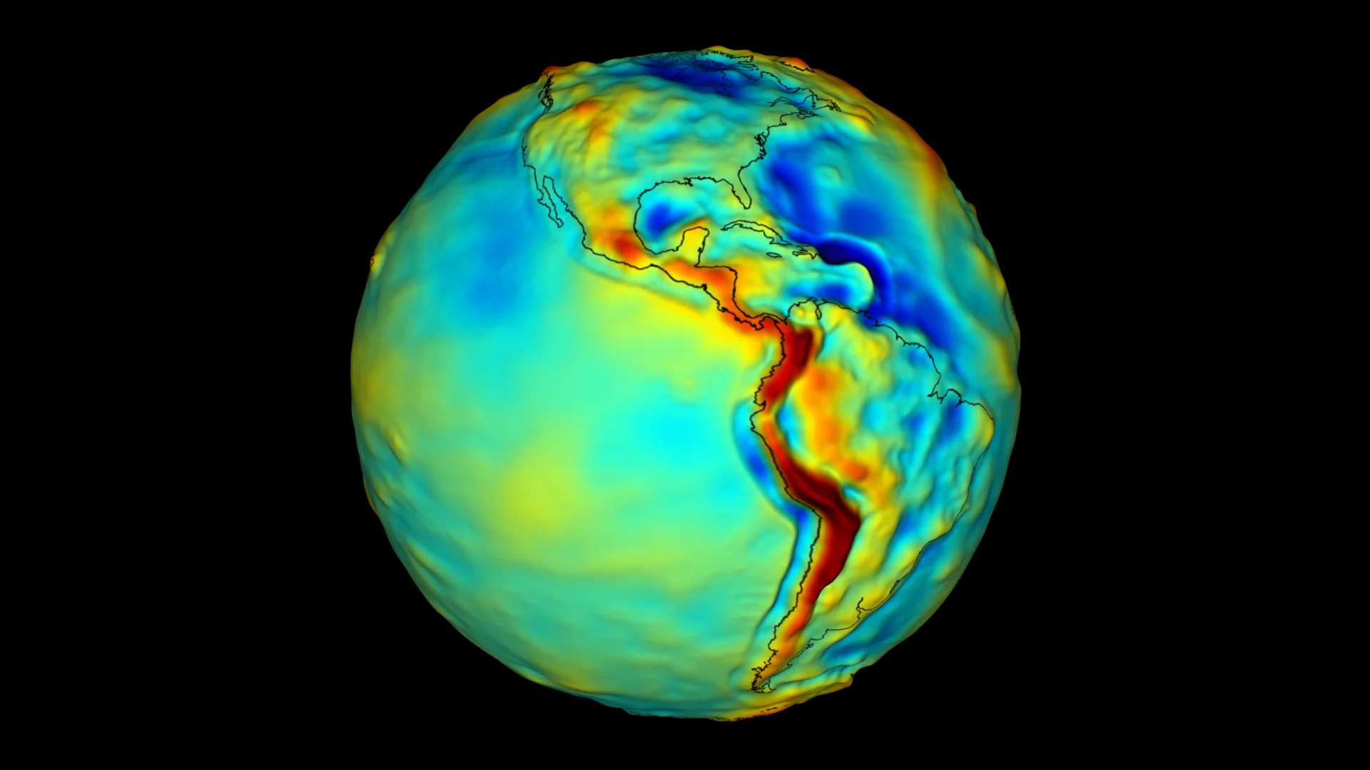Satellite measurements offer scientists a new view of our planet. Warm colors (red, orange, yellow) represent areas with strong gravity. Cool colors (green, blue) represent areas with weak gravity. Image credit: NASA's Goddard Space Flight Center