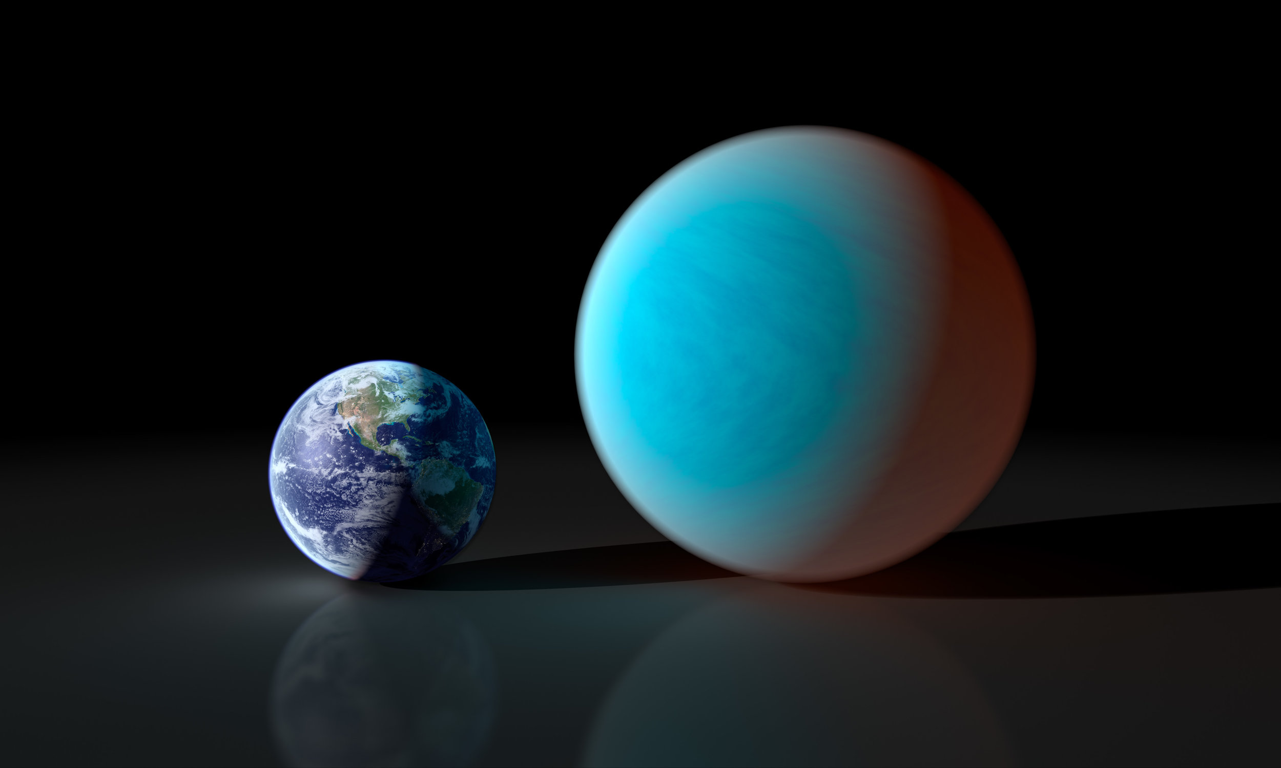 This artists concept contrasts our familiar Earth with the exceptionally strange planet known as 55 Cancri e. While it is only about twice the size of the Earth, NASA's Spitzer Space Telescope has gathered surprising new details about this supersized and superheated world. New observations with Spitzer reveal 55 Cancri e to have a mass 7.8 times and a radius just over twice that of Earth. Those properties place 55 Cancri e in the "super-Earth" class of exoplanets, a few dozen of which have been found. Image credit: NASA/JPL-Caltech/R. Hurt (SSC)