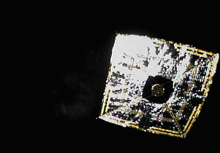 The Japan Aerospace Exploration Agency (JAXA) successfully took images of the whole solar sail of the Small Solar Power Sail Demonstrator "IKAROS" after its deployment of a separation camera* on June 15 (Japan Standard Time, JST.) The IKAROS was launched on May 21, 2010 (JST) from the Tanegashima Space Center. Image credit: JAXA