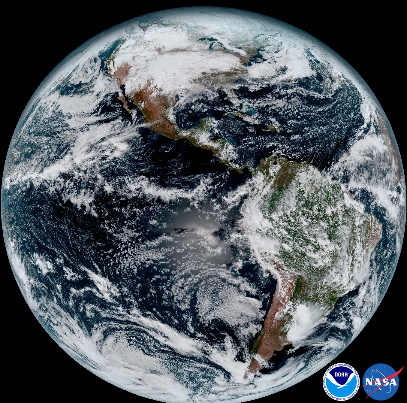 The release of the first images from NOAA’s newest satellite, GOES-16, is the latest step in a new age of weather satellites. This composite color full-disk visible image is from 1:07 p.m. EDT on Jan. 15, 2017, and was created using several of the 16 spectral channels available on the GOES-16 Advanced Baseline Imager (ABI) instrument. The image shows North and South America and the surrounding oceans. GOES-16 observes Earth from an equatorial view approximately 22,300 miles high, creating full disk images like these, extending from the coast of West Africa, to Guam, and everything in between. Image Credit: NOAA/NASA