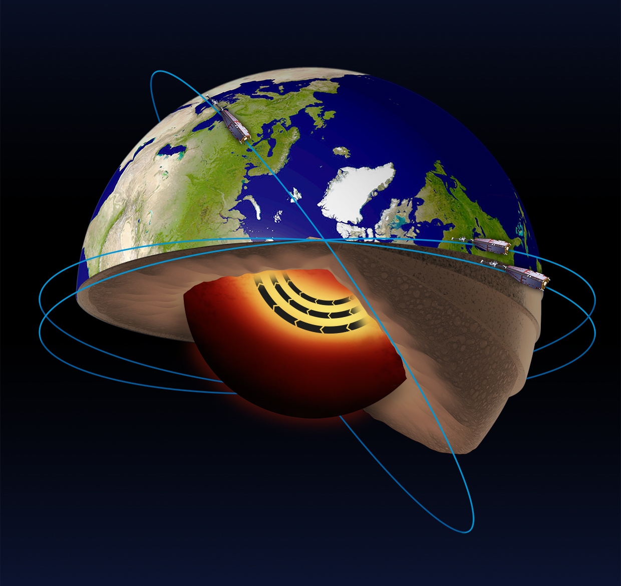 ESA’s Swarm satellites have led the discovery of a jet stream in the liquid iron part of Earth’s core 3000 km beneath the surface. In addition, Swarm satellite data show that this jet stream is speeding up. Launched in 2013, the Swarm trio is dedicated to identifying and measuring precisely the different magnetic signals that make up Earth’s magnetic field. Image credit: ESA CC BY-SA 3.0 IGO