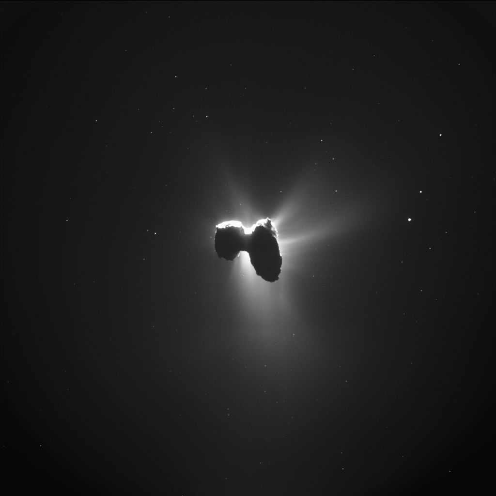 Single frame enhanced NavCam image taken on 27 March 2016, when Rosetta was 329 km from the nucleus of Comet 67P/Churyumov-Gerasimenko. The scale is 28 m/pixel and the image measures 28.7 km across. Image credit: ESA/Rosetta/NavCam – CC BY-SA IGO 3.0
