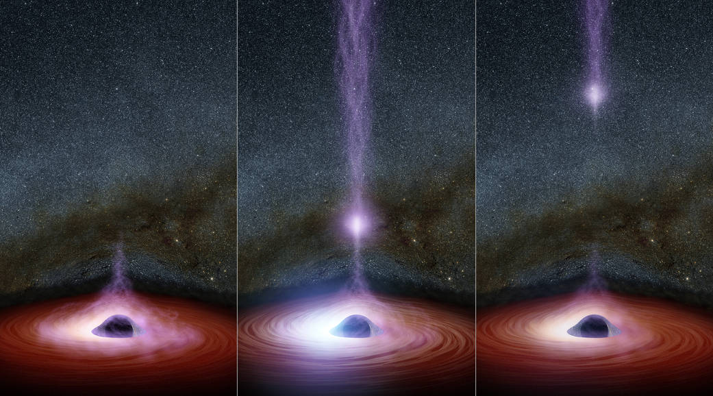 This diagram shows how a shifting feature, called a corona, can create a flare of X-rays around a black hole. The corona (feature represented in purplish colors) gathers inward (left), becoming brighter, before shooting away from the black hole (middle and right). Image Credit: NASA/JPL-Caltech