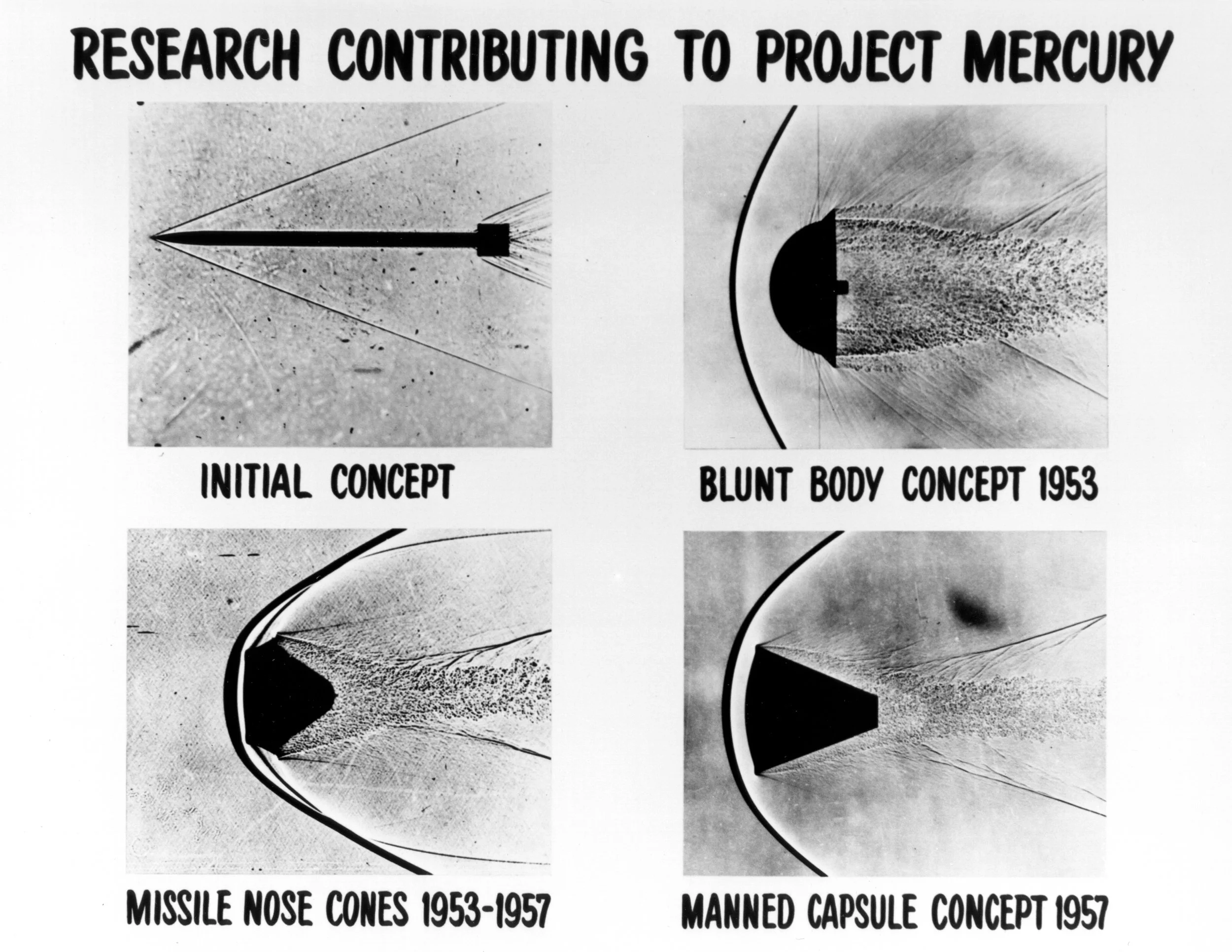 These four shadowgraph images represent early re-entry vehicle concepts. A shadowgraph is a process that makes visible the disturbances that occur in a fluid flow at high velocity, in which light passing through a flowing fluid is refracted by the density gradients in the fluid resulting in bright and dark areas on a screen placed behind the fluid. Image credit: NASA
