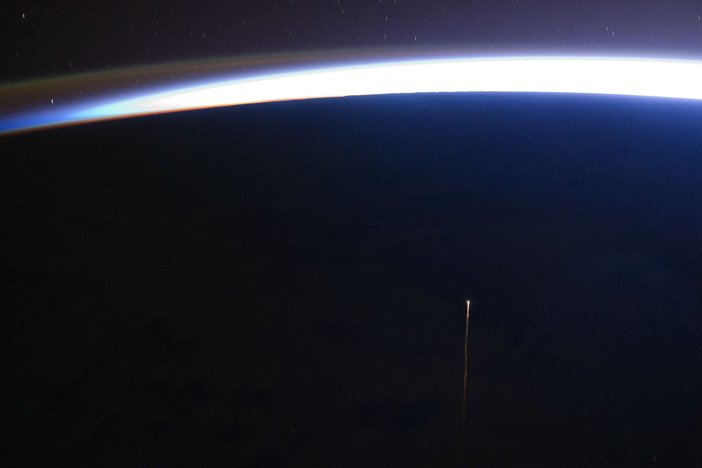 This astronaut photograph highlights the reentry plasma trail of a deorbiting spacecraft, the ISS Progress 42P supply vehicle (Russian designation M-10M). Acquired October 29, 2011. Image Credit: NASA