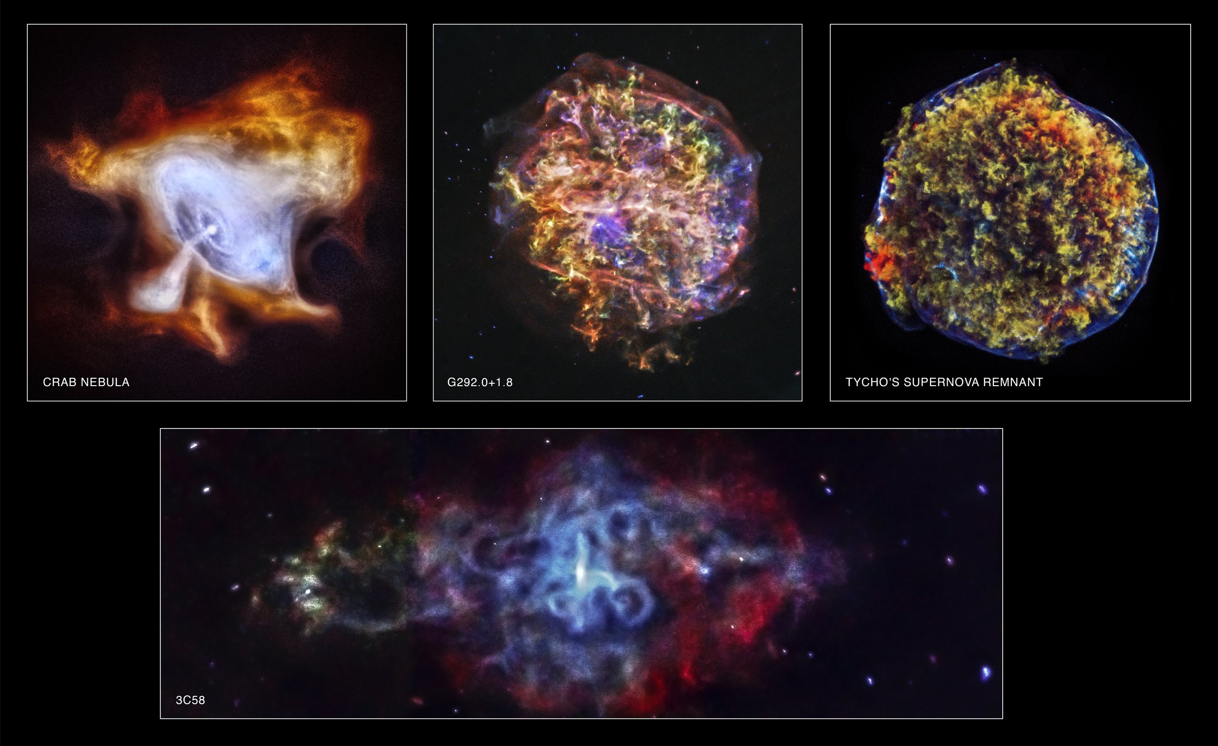 In commemoration of the 15th anniversary of NASA's Chandra X-ray Observatory, four newly processed images of supernova remnants dramatically illustrate Chandra's unique ability to explore high-energy processes in the cosmos (see the accompanying press release). The images of the Tycho and G292.0+1.8 supernova remnants show how Chandra can trace the expanding debris of an exploded star and the associated shock waves that rumble through interstellar space at speeds of millions of miles per hour. The images of the Crab Nebula and 3C58 show how extremely dense, rapidly rotating neutron stars produced when a massive star explodes can create clouds of high-energy particles light years across that glow brightly in X-rays. Image credit: NASA/CXC/SAO