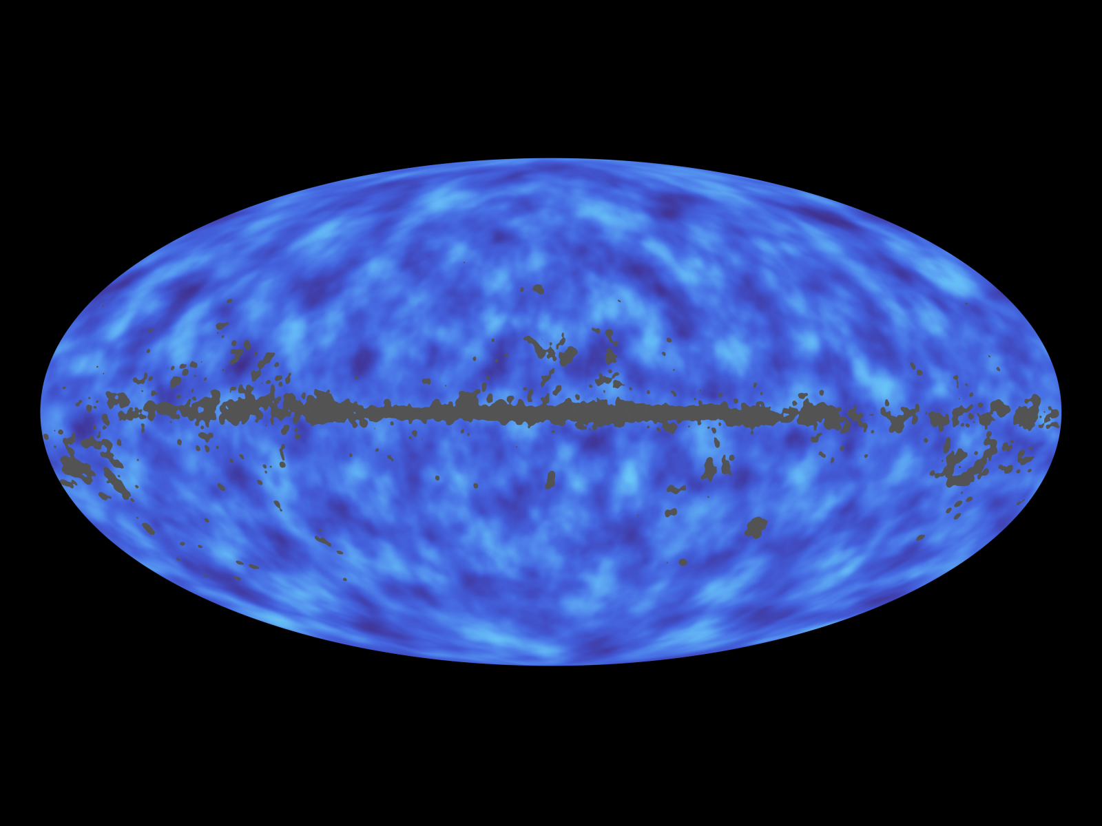 This full-sky map from the Planck mission shows matter between Earth and the edge of the observable universe. Regions with more mass show up as lighter areas while regions with less mass are darker. The grayed-out areas are where light from our own galaxy was too bright, blocking Planck's ability to map the more distant matter. Image credit: ESA/NASA/JPL-Caltech