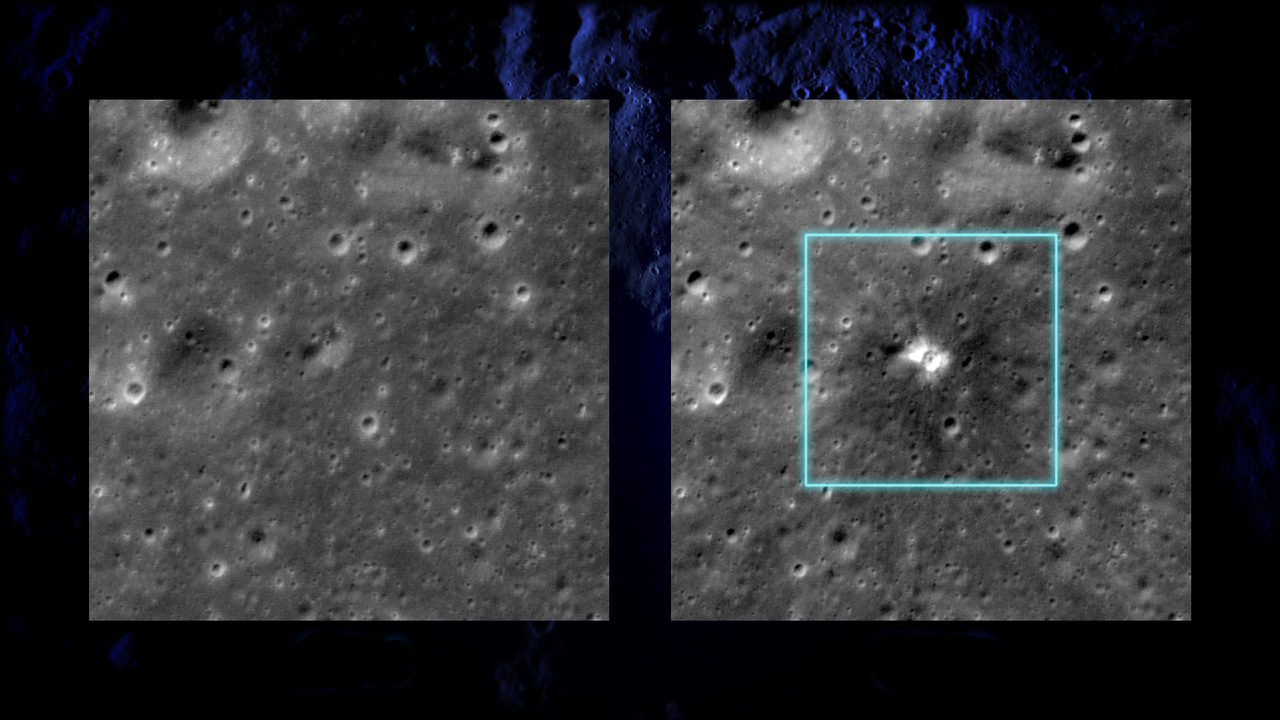 Before and after images taken by LRO show the location of a new 60-foot in diameter crater (right) that formed on March 17, 2013. Image credit: NASA's Goddard Space Flight Center