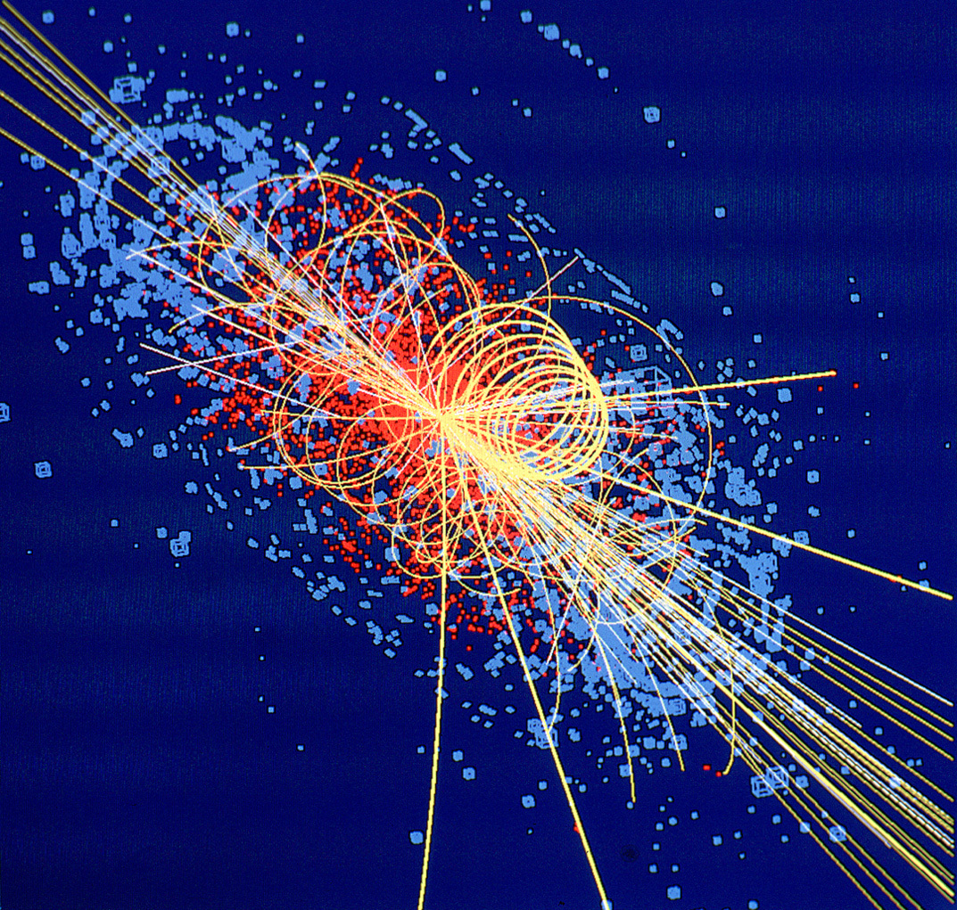 This track is an example of simulated data modelled for the CMS detector on the Large Hadron Collider (LHC) at CERN, which will begin taking data in 2008. The Higgs boson is produced in the collision of two protons at 14 TeV and quickly decays into four muons, a type of heavy electron which is not absorbed by the detector. The tracks of the other products of the collision are shown by lines and the energy deposited in the detector is shown in blue. Image credit: Lucas Taylor/CERN (License: CC-BY-SA-4.0)