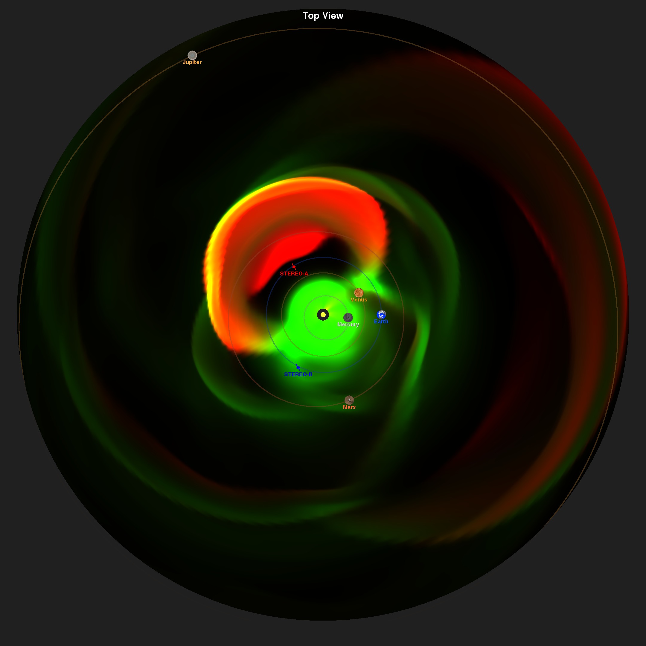 Enlil model run of the July 23, 2012 CME and events leading up to it. This view is a 'top-down' view in the plane of Earth's orbit. Image credit: NASA's Scientific Visualization Studio, the Space Weather Research Center (SWRC), the Community-Coordinated Modeling Center (CCMC), Enlil and Dusan Odstrcil (GMU), Leila Mays (CUA) and Janet Luhmann (UCB) and NASA's Scientific Visualization Studio.