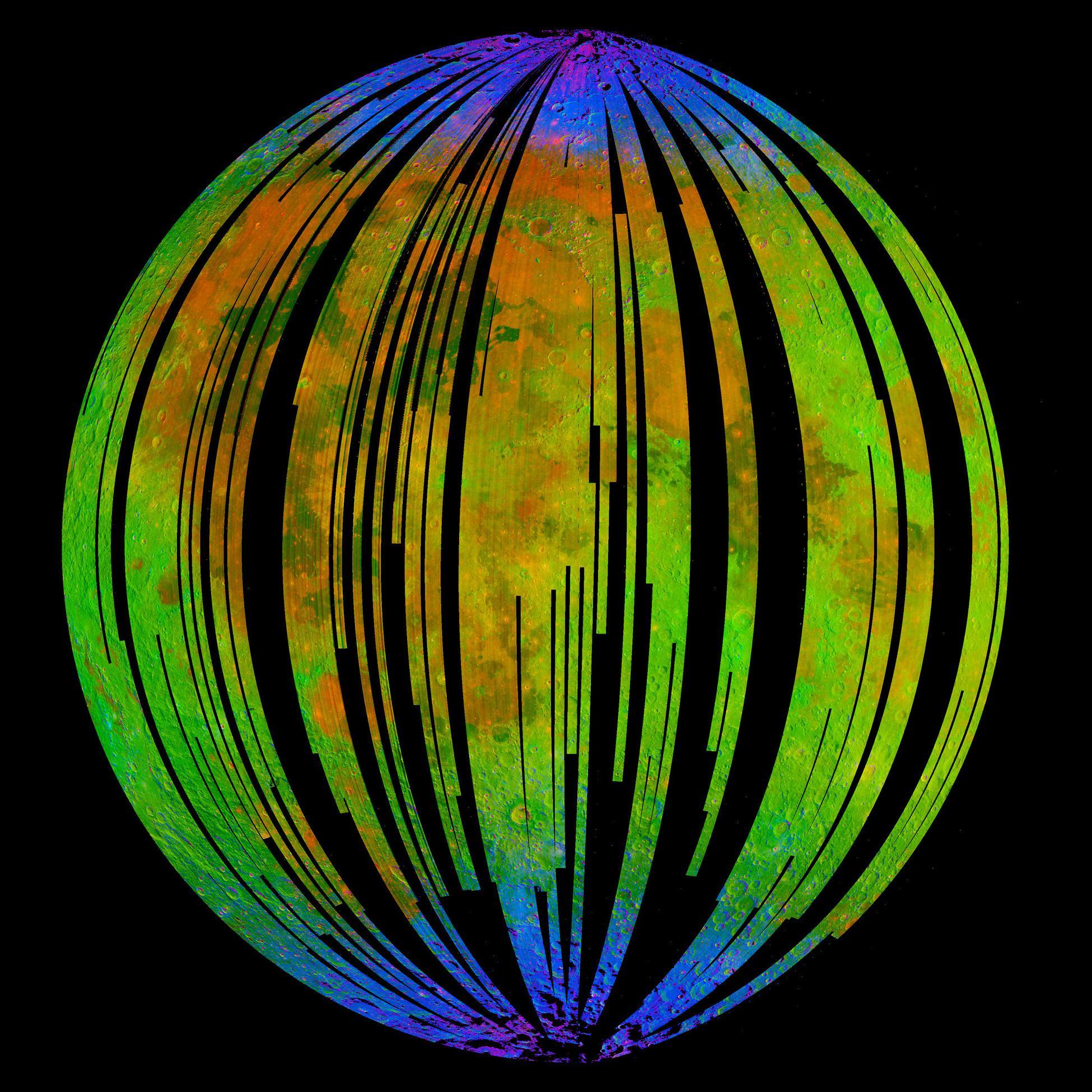NASA's Moon Mineralogy Mapper, an instrument on the Indian Space Research Organization's Chandrayaan-1 mission, took this image of Earth's moon. Blue shows the signature of water, green shows the brightness of the surface as measured by reflected infrared radiation from the sun and red shows an iron-bearing mineral called pyroxene. Image credit: ISRO/NASA/JPL-Caltech/Brown Univ./USGS