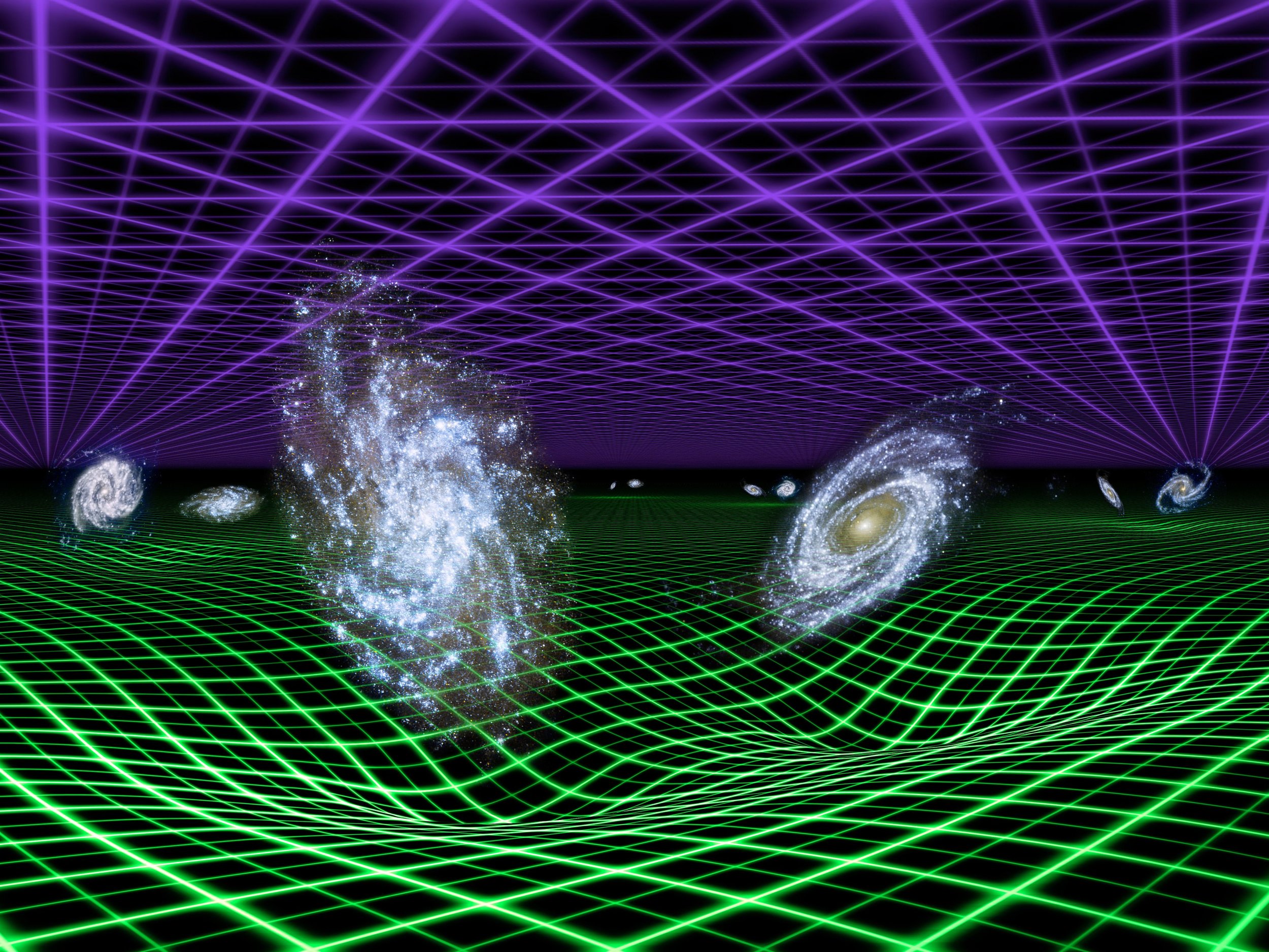 In this artist's conception, dark energy is represented by the purple grid above, and gravity by the green grid below. Gravity emanates from all matter in the universe, but its effects are localized and drop off quickly over large distances. Image credit: NASA/JPL-Caltech