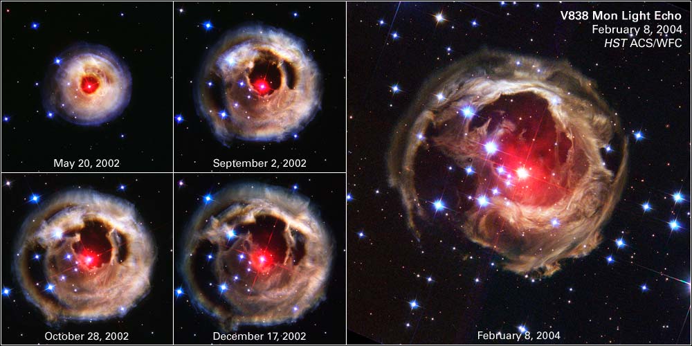 Images showing the expansion of the light echo of V838 Monocerotis. Image credit: NASA, ESA, H.E. Bond (STScI) and The Hubble Heritage Team (STScI/AURA)