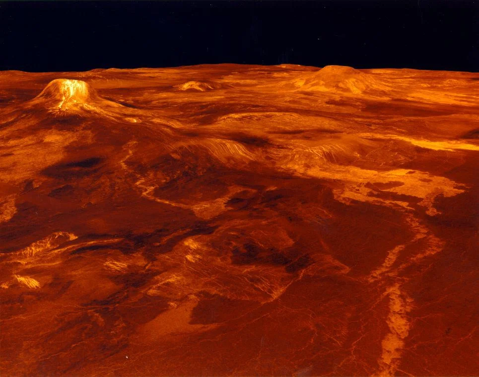 Computer generated surface view of Eistla Regio (from the northeast). Vertical scale has been exaggerated by a factor of 22.5. Image credit: NASA