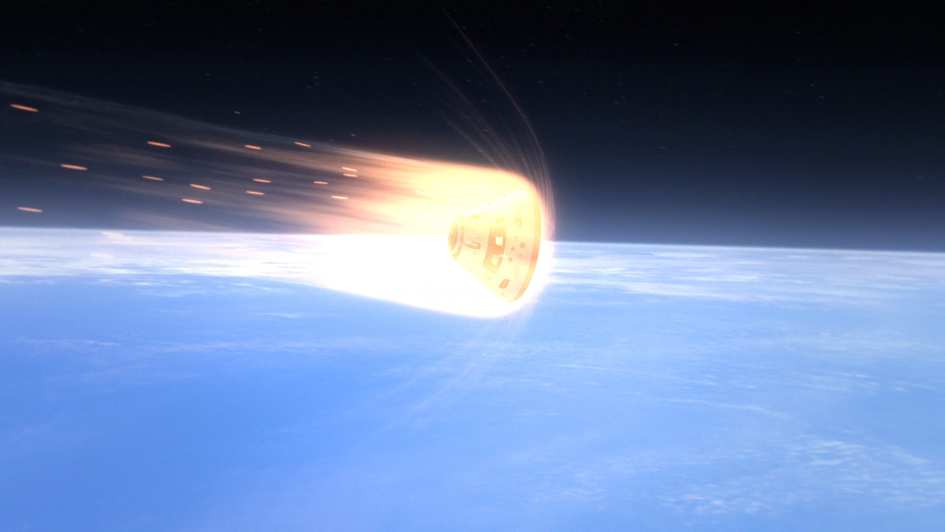 This computer-generated art depicts Orion's heat shield protecting the crew module as it enters the Earth's atmosphere. Image credit: NASA