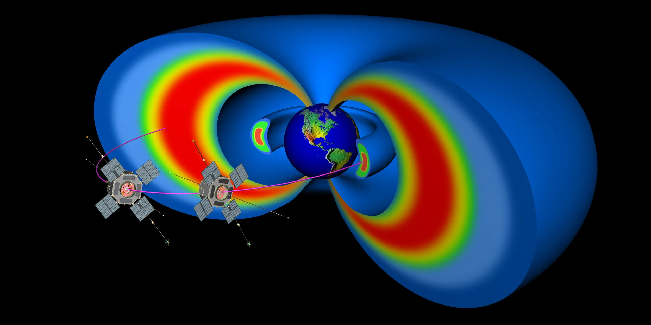 NASA's Van Allen Probes orbit through two giant radiation belts that surround Earth. Their observations help improve computer simulations of events in the belts that can affect technology in space. Image credit: JHU/APL, NASA