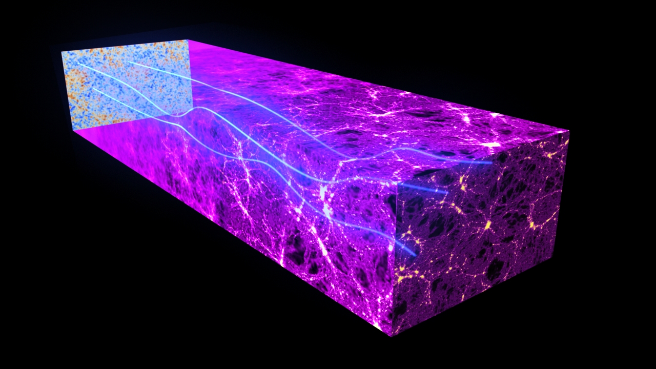 This artist’s impression shows how photons in the Cosmic Microwave Background (CMB, as detected by ESA’s Planck space telescope) are deflected by the gravitational lensing effect of massive cosmic structures as they travel across the Universe. Image credit: ESA and the Planck Collaboration