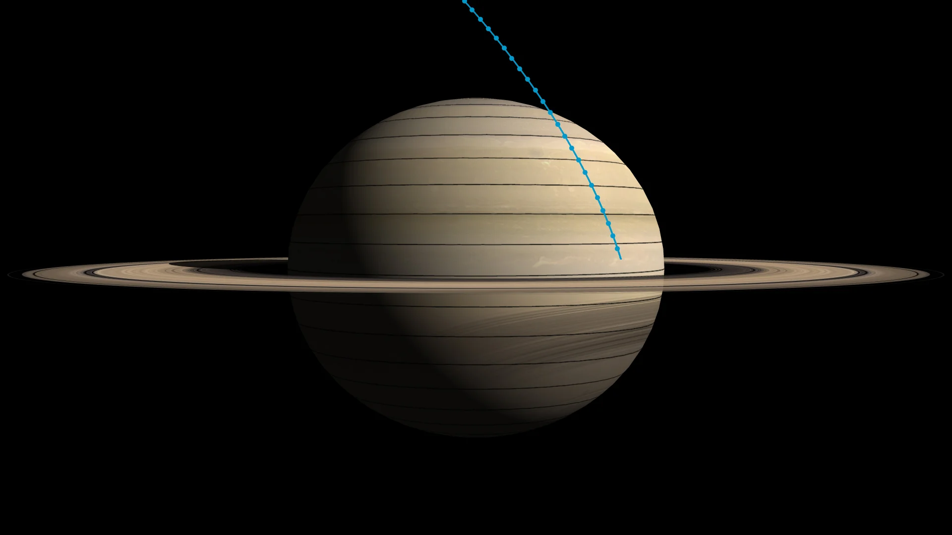 This graphic shows Cassini's final plunge toward Saturn, with tick marks representing time intervals of 2 minutes, leading to the spacecraft's entry into the atmosphere. Image credit: NASA/JPL-Caltech