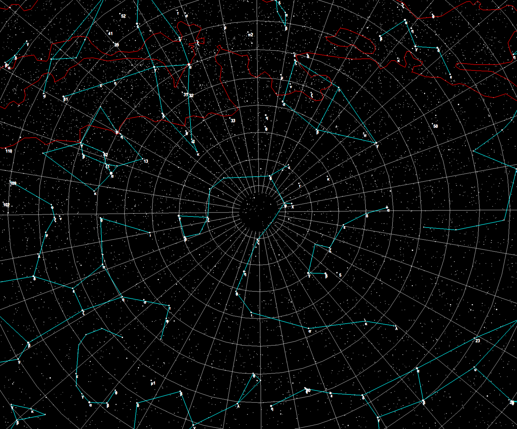 A star chart oriented so that the center of the image is directly perpendicular to the plane of the solar system. The constellation Draco falls in the center of the image, with the Little Dipper slightly to the right of center. Image credit: Tom Ruen, public domain