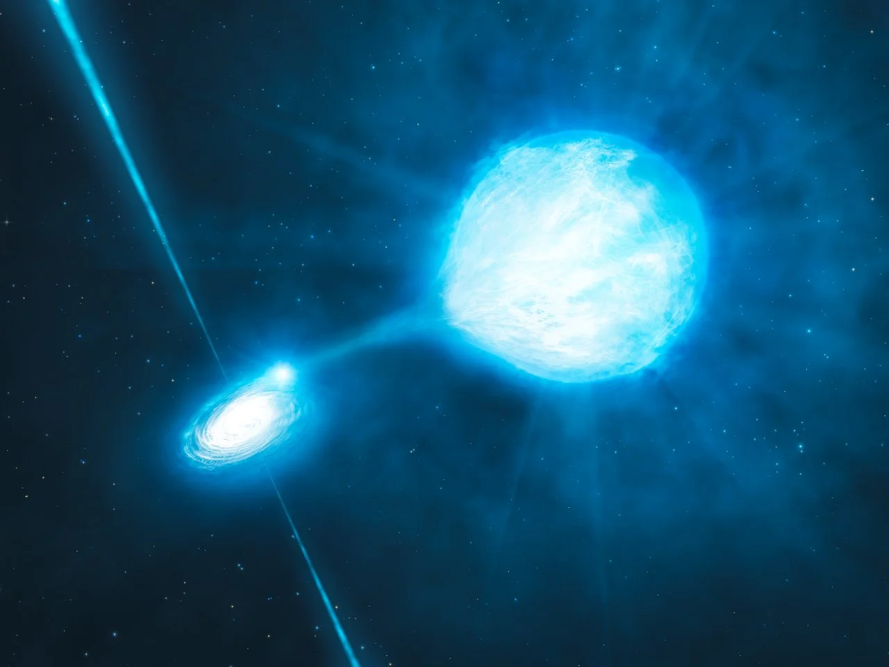 This artist’s impression depicts the newly discovered stellar-mass black hole in the spiral galaxy NGC 300. The black hole has a mass of about twenty times the mass of the Sun and is associated with a Wolf–Rayet star : a star that will become a black hole itself. IMage credit: ESO/L. Calçada/M.Kornmesser