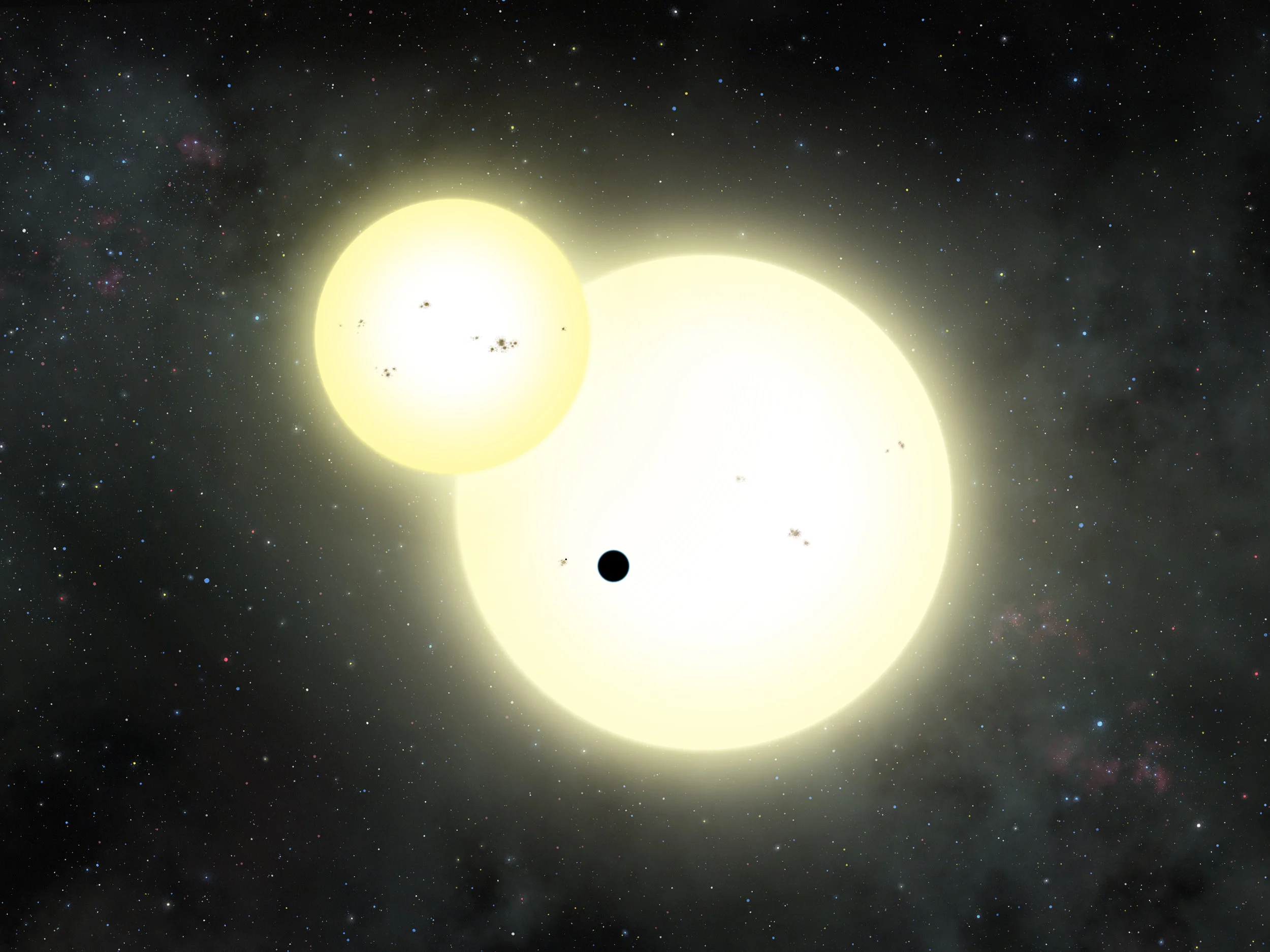 Artist's impression of the simultaneous stellar eclipse and planetary transit events on Kepler-1647. Credits: Lynette Cook