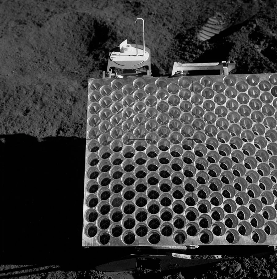 A portion of the Apollo 15 lunar laser ranging retroreflector array, as placed on the Moon and photographed by D. Scott. Credit: NASA/D. Scott