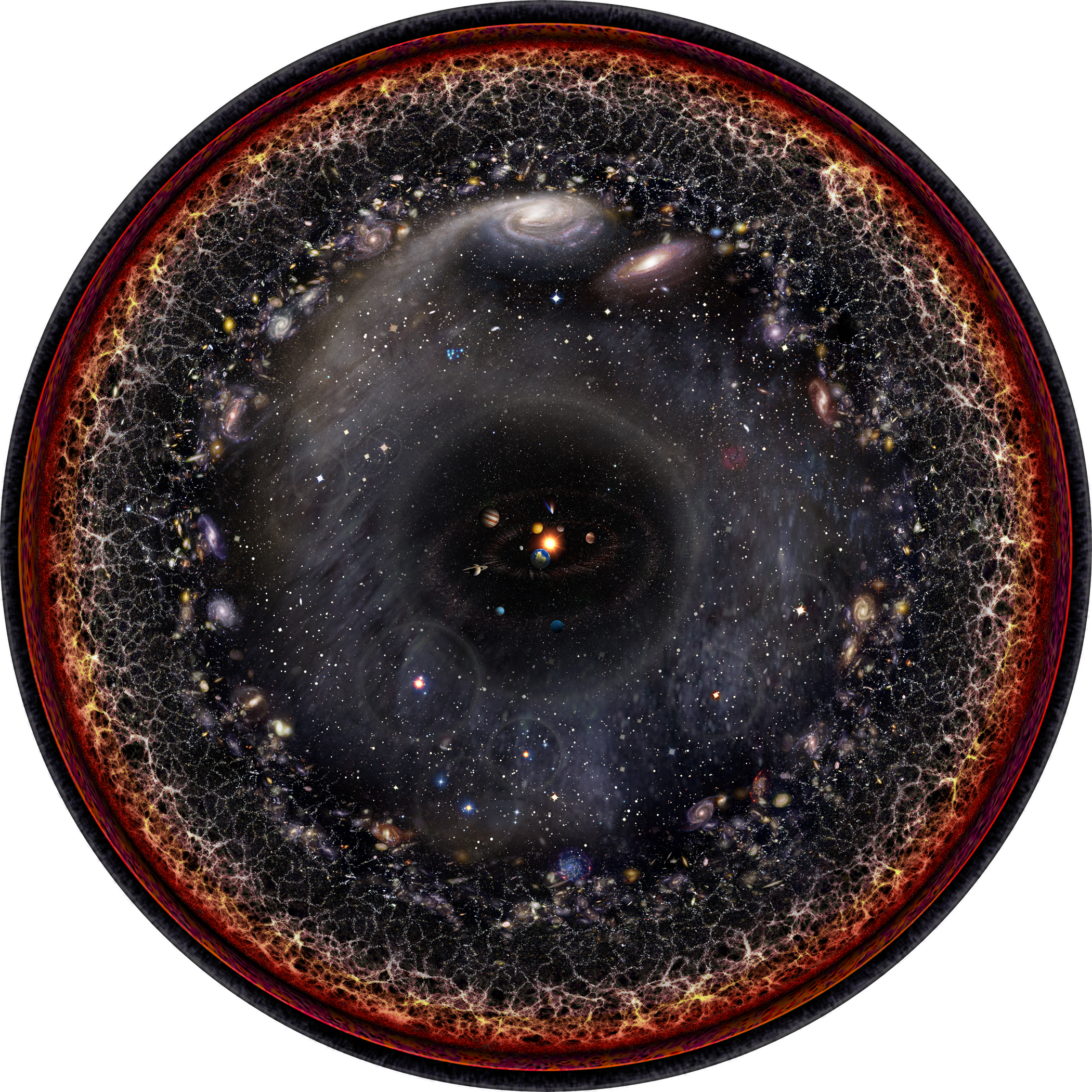 Artist's logarithmic scale conception of the observable universe with the Solar System at the center, inner and outer planets, Kuiper belt, Oort cloud, Alpha Centauri, Perseus Arm, Milky Way galaxy, Andromeda galaxy, nearby galaxies, Cosmic Web, Cosmic microwave radiation and Big Bang's invisible plasma on the edge. Image credit: Pablo Carlos Budassi